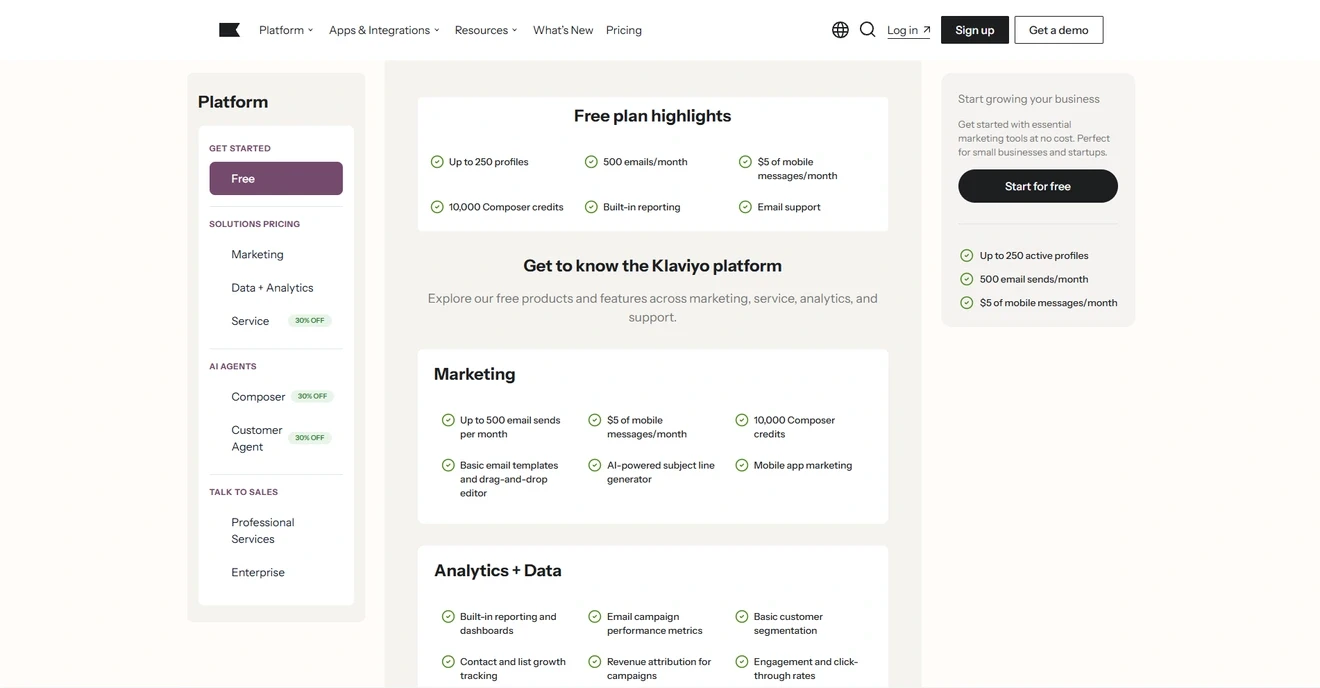 Klaviyo pricing page with plans based on active profiles and email volume.