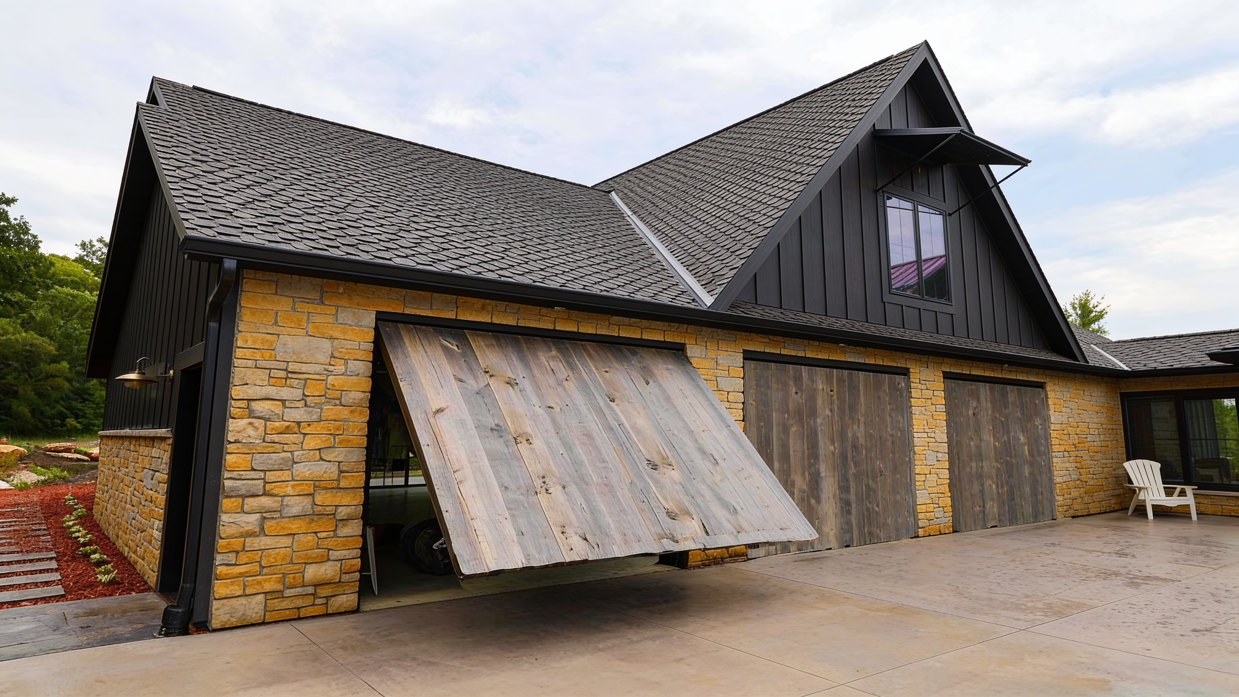 Weathered wood and stone home with concealed cylinder garage doors closed