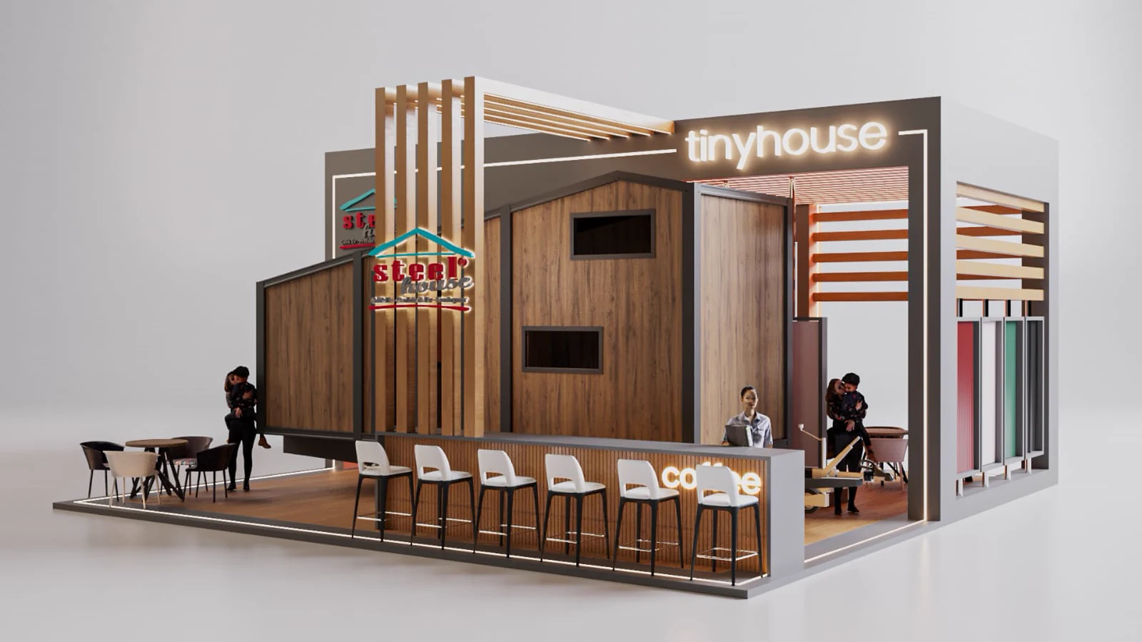 Stand espositivo Steel House con una mini casa mobile in scala reale, area reception e zona relax.