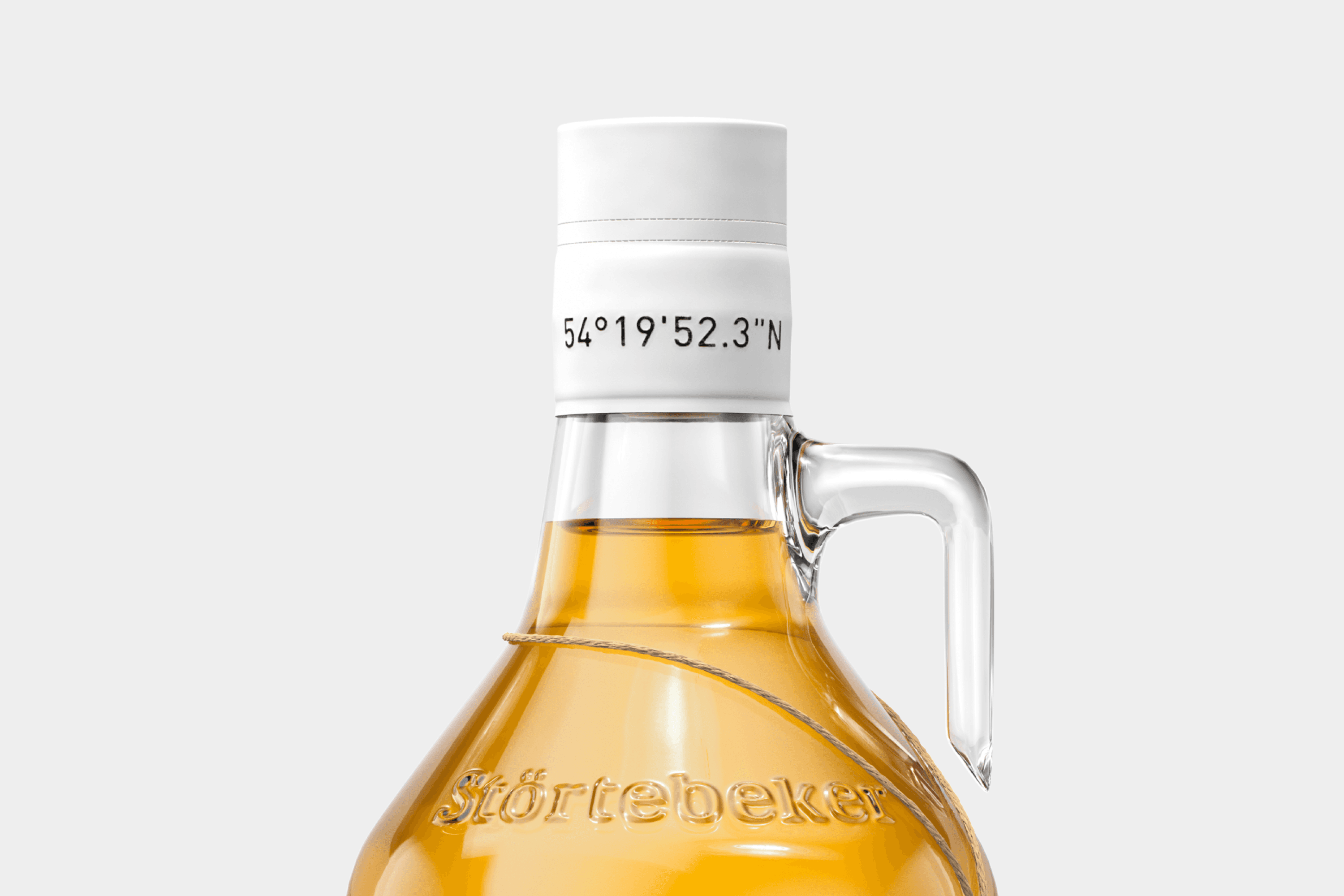 Glass bottle with Störtebeker logo and coordinates