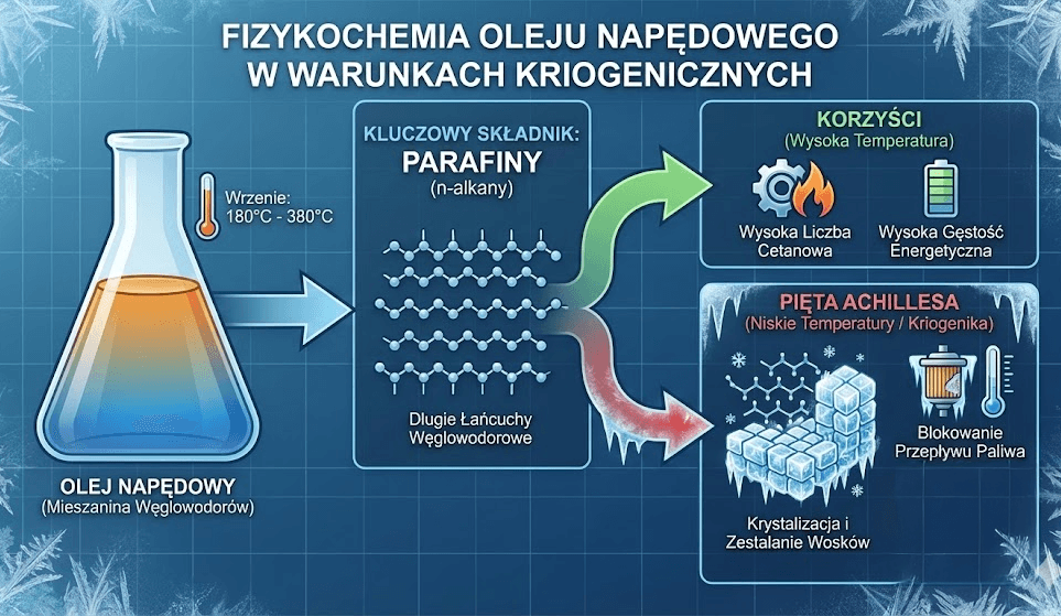 Infografika wyjaśniająca fizykochemię oleju napędowego w niskich temperaturach: rola parafin, proces krystalizacji i blokowanie filtrów paliwa oraz wpływ zimy na działanie ciągników i maszyn rolniczych.