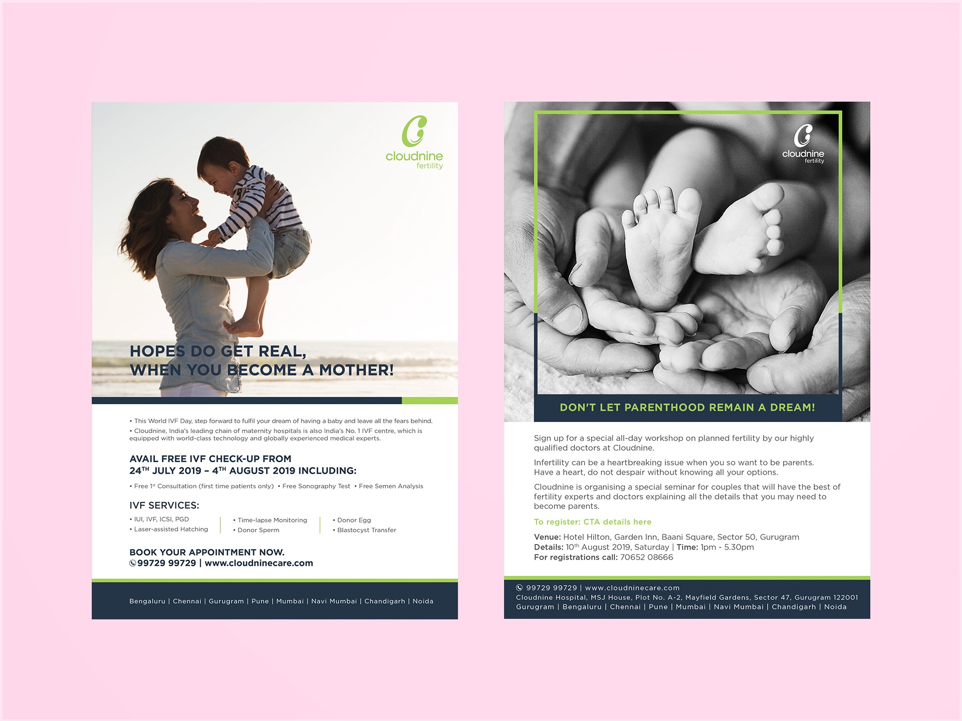 Cloudnine IVF patient flyer, photography-led information design