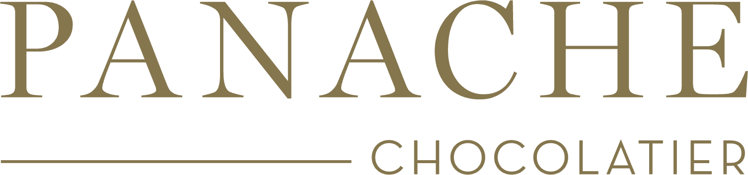 Panache Chocolatier logo, featuring a golden serif Panache above a line and sans-serif Chocolatier.