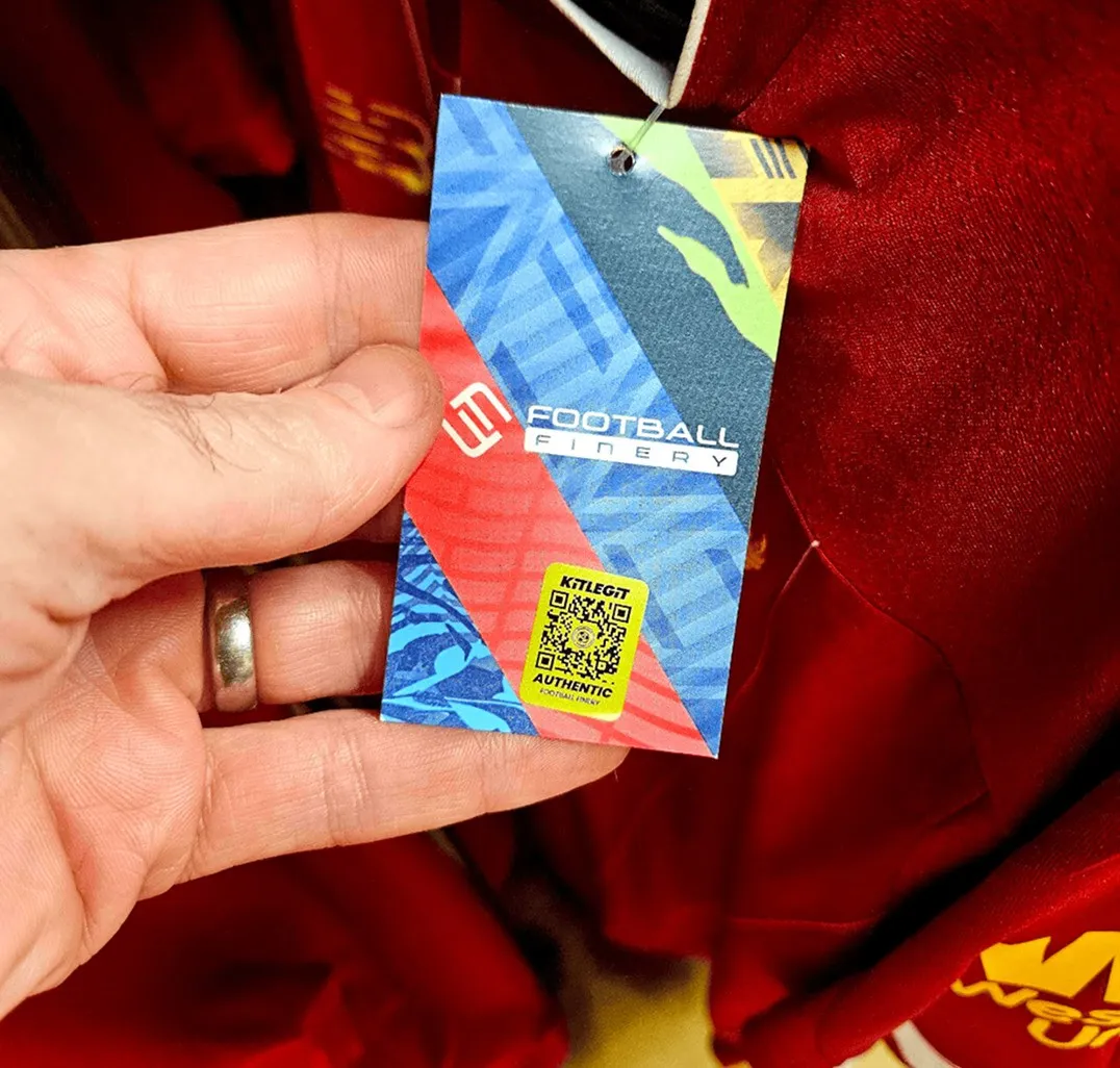 Football Finery price tag with KitLegit authenticity badge