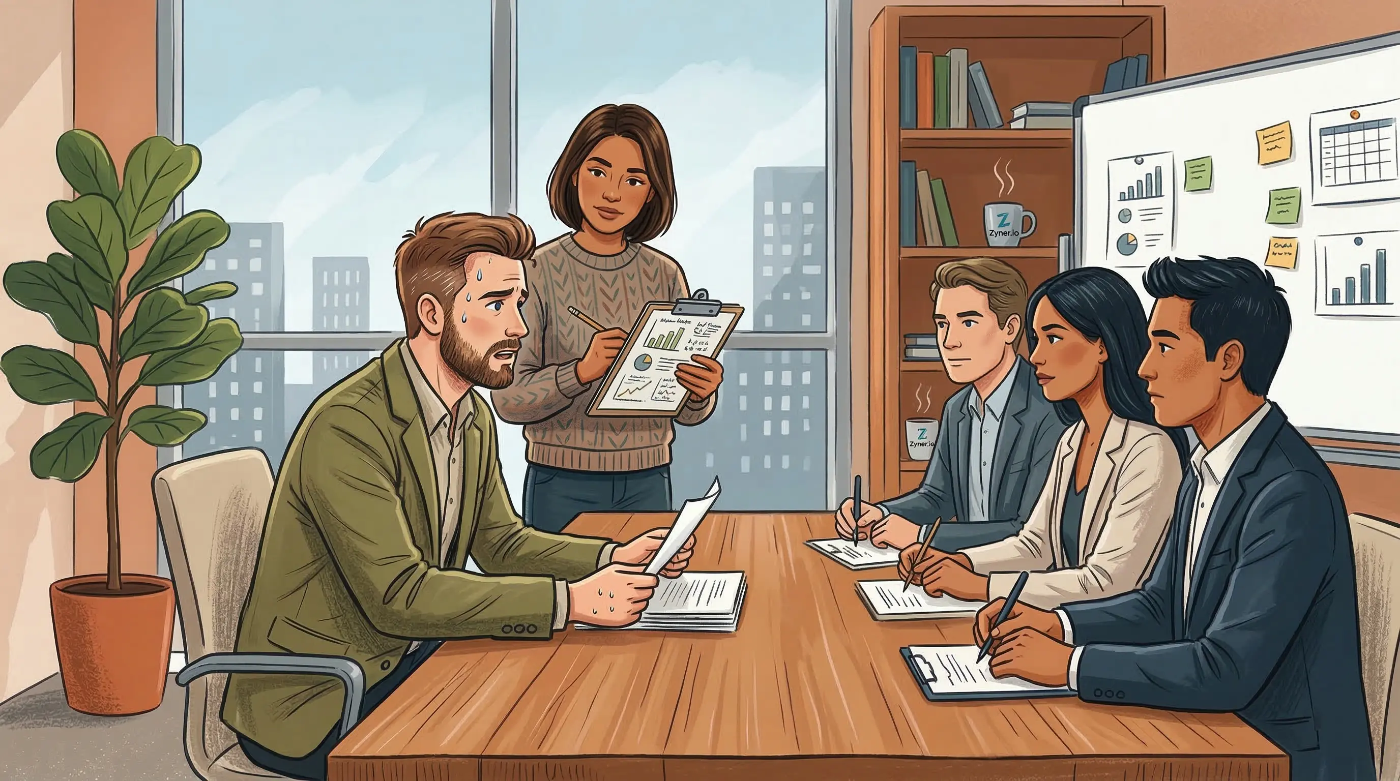 An illustration of a founder in a high-stakes meeting, sweating, while a coach stands behind them with a clipboard, representing the preparation process before the real pitch.