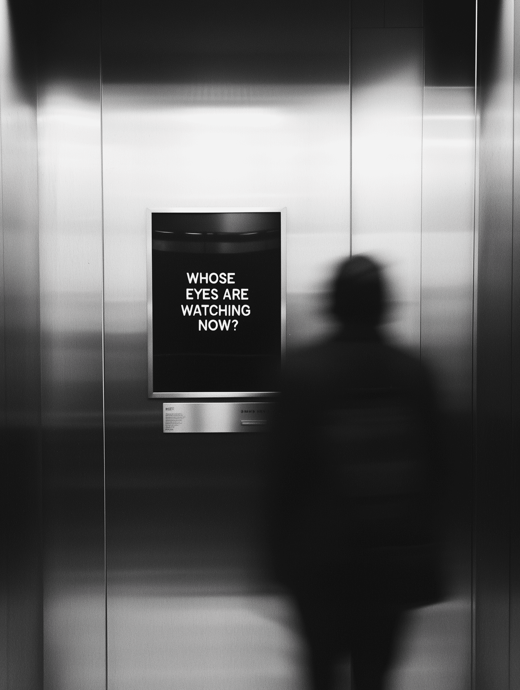 Blurred figure passing by screen reading “Whose eyes are watching now?”