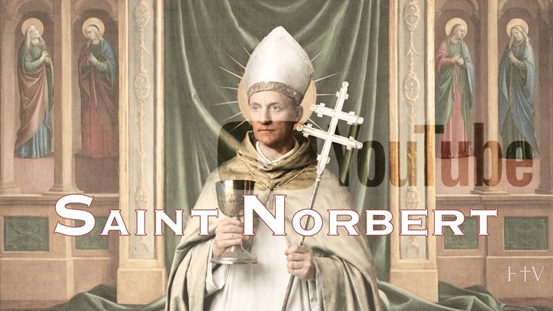 Sacred artwork by Faith and Verse. © Faith and Verse, 2025. All rights reserved. Traditional Catholic art—portrait of Saint Norbert, holding a chalice and a patriarchal cross, shown before a frescoed wall of saints with a green draped cloth behind him, veiled YouTube play marker blended softly into the composition.