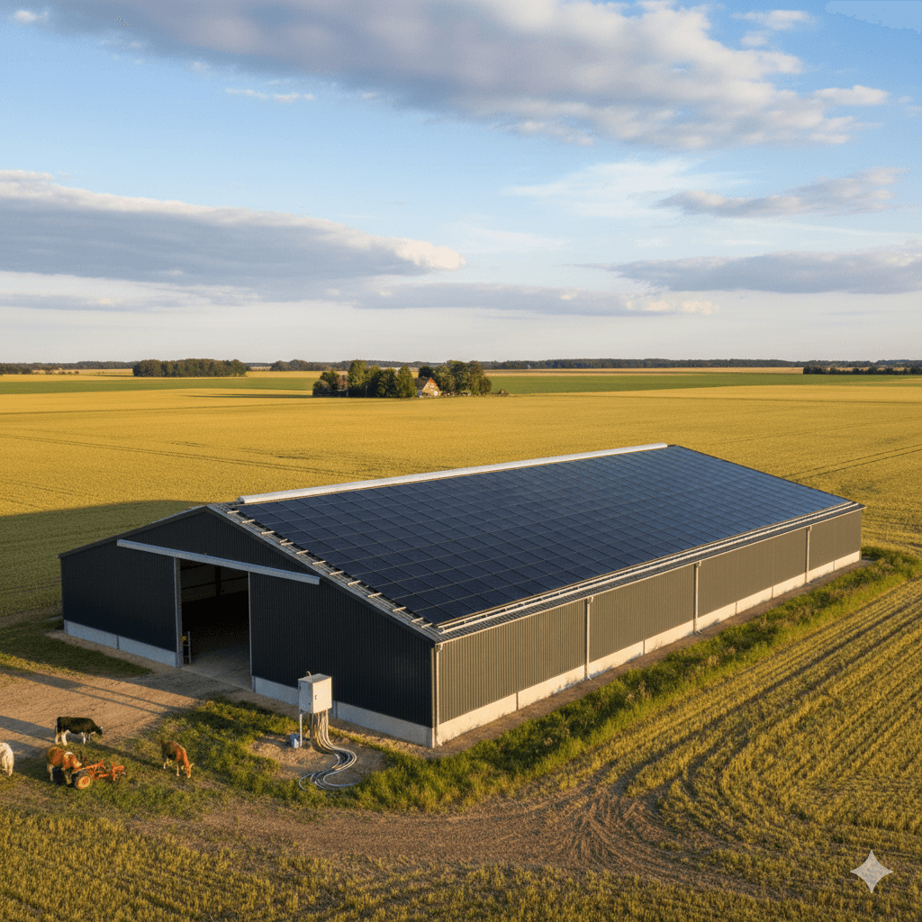 photo d'un hangar agricole avec des panneaux photovoltaïques