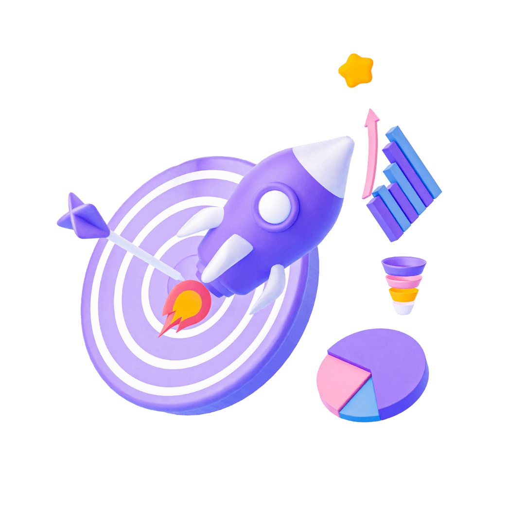 Cible avec un fleche au centre entourer d'une fusée et de diagrammes