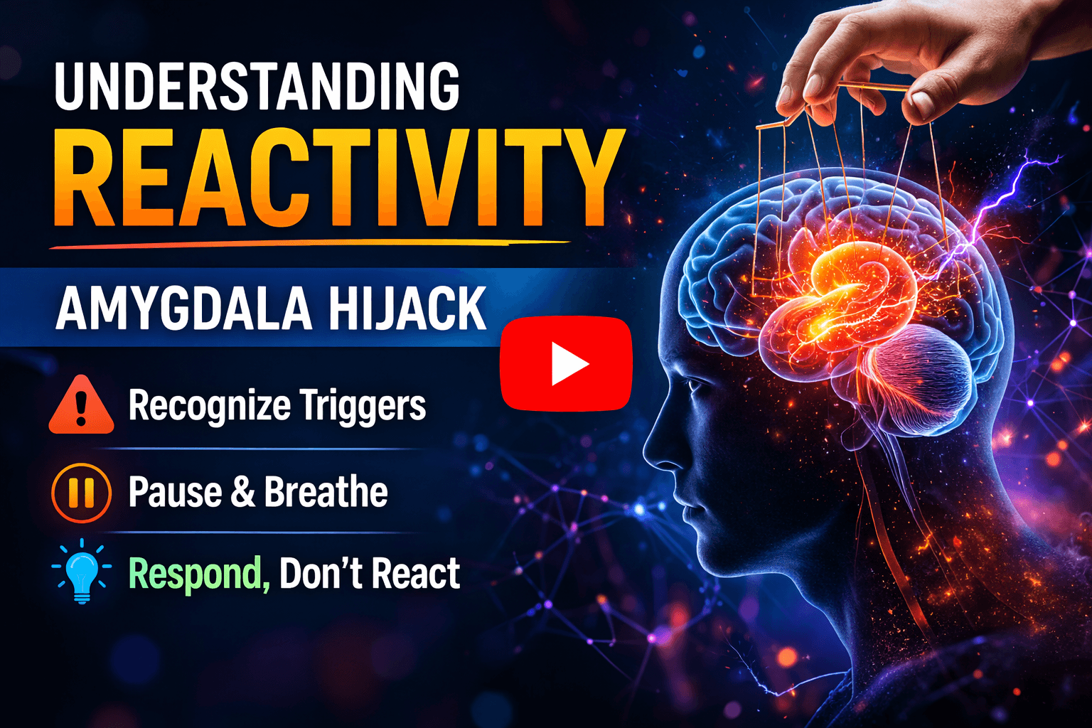 Educational video thumbnail for trustedcommitment.com titled 'Understanding Reactivity: Amygdala Hijack' featuring a brain illustration and a three-step guide: Recognize Triggers, Pause & Breathe, and Respond, Don’t React