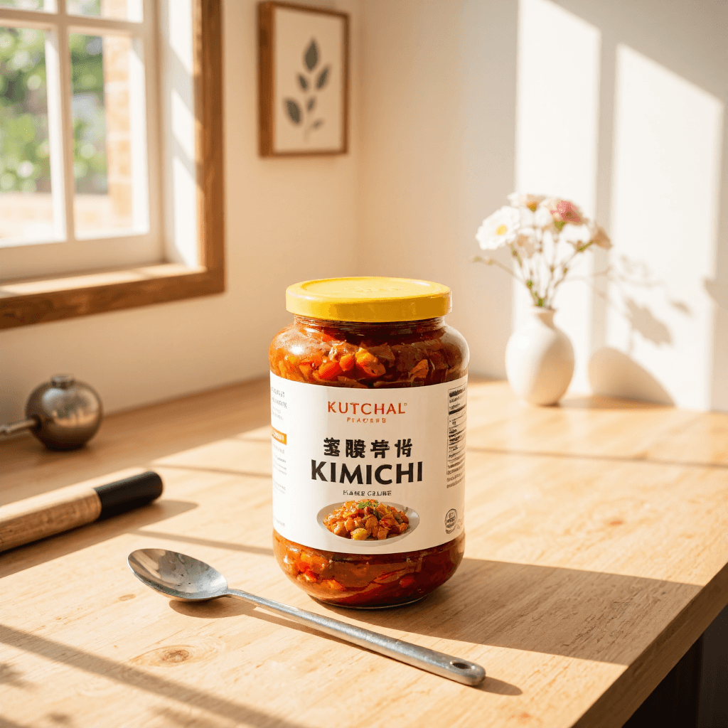 product photography of plastic container of kimchi