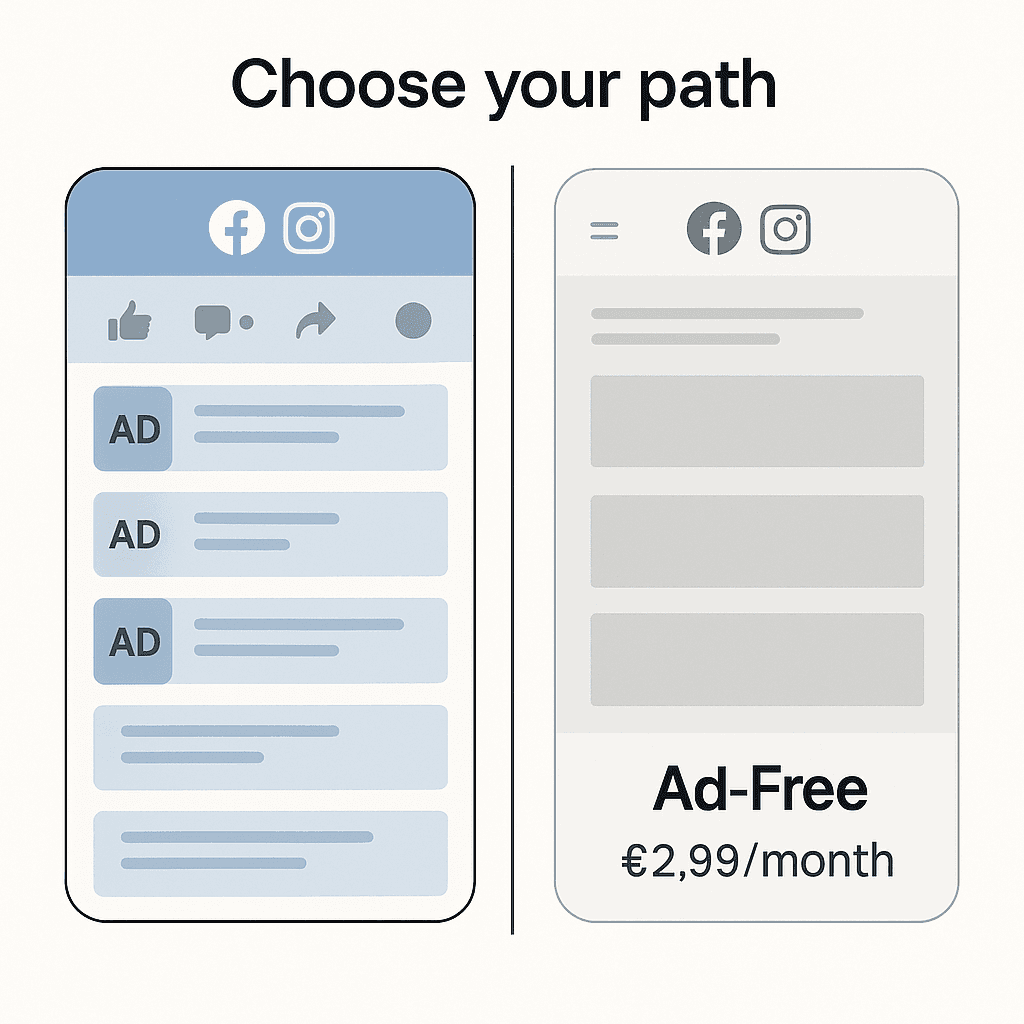 A side-by-side illustration of two mobile screens showing Facebook and Instagram. The left screen is filled with ads, while the right screen is clean and labeled “Ad-Free €2,99/month.” The text above reads “Choose your path,” highlighting Meta’s new ad-free subscription option.