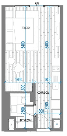Floor plan of studio apartment type 1 at Anwa Aria by Omniyat, showcasing layout and room dimensions
