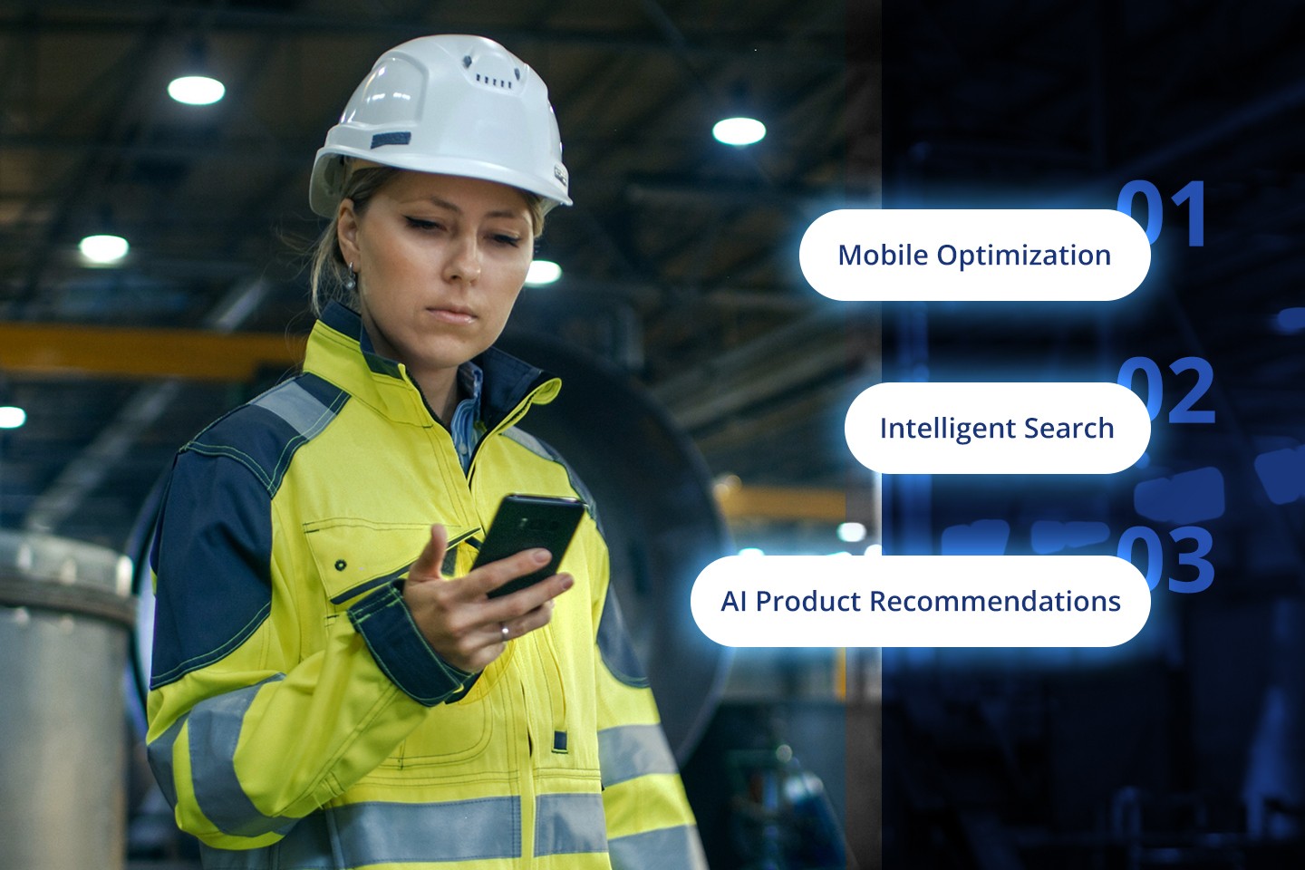 Worker using mobile search and AI product recommendations
