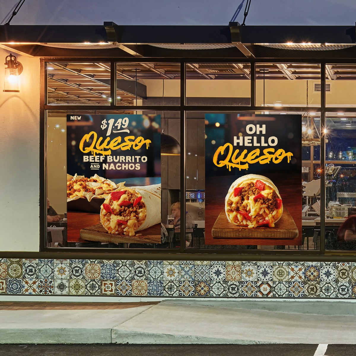 Storefront window graphics for queso burrito promotion