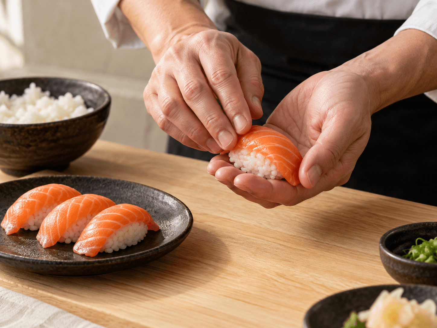 Ręczne przygotowywanie nigiri z łososiem