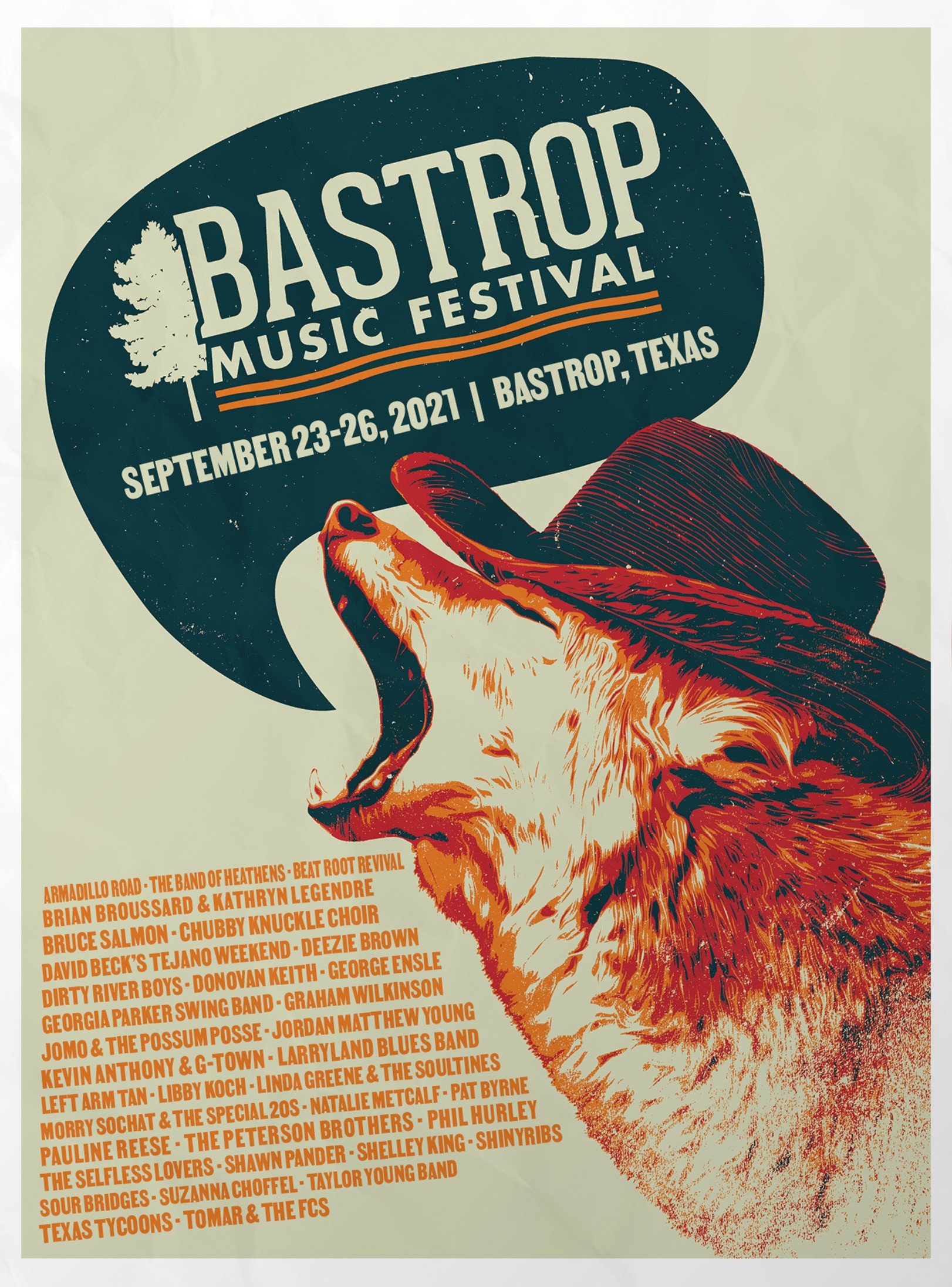 Bastrop Music Festival 2021 poster featuring illustrated wolf howling with psychedelic colors and whimsical design