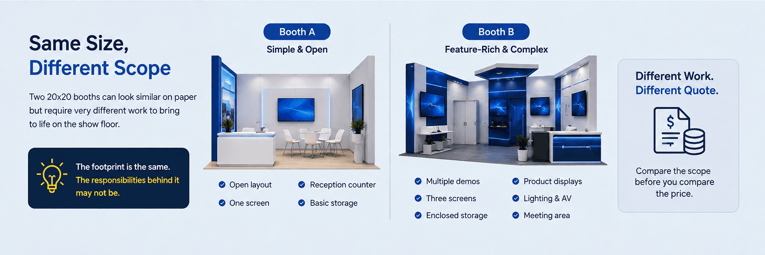 Trade show booth rental cost factors including booth configuration, graphics, AV, lighting, freight, drayage, and installation