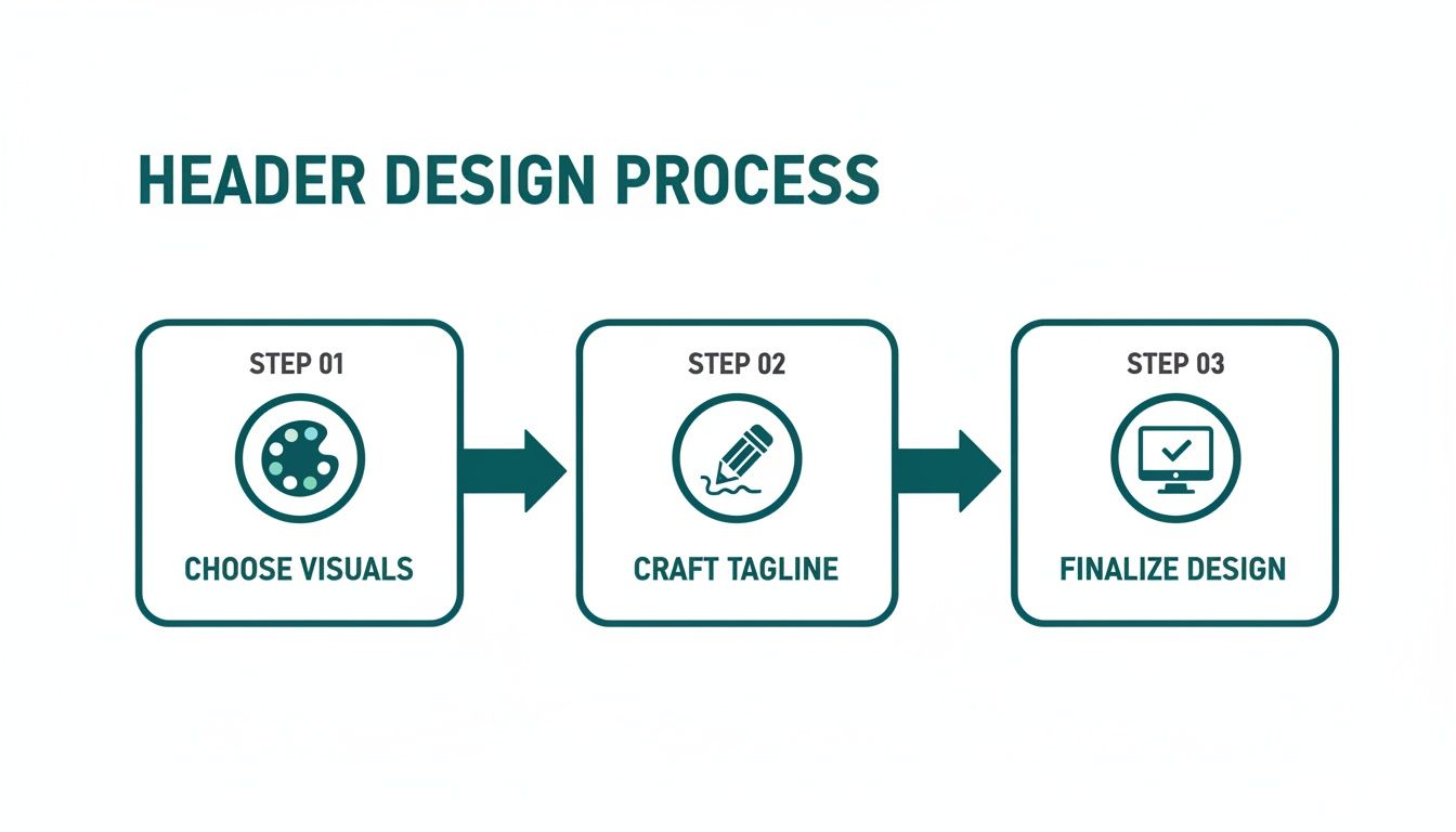 A three-step header design process flowchart showing choosing visuals, crafting tagline, and finalizing design.