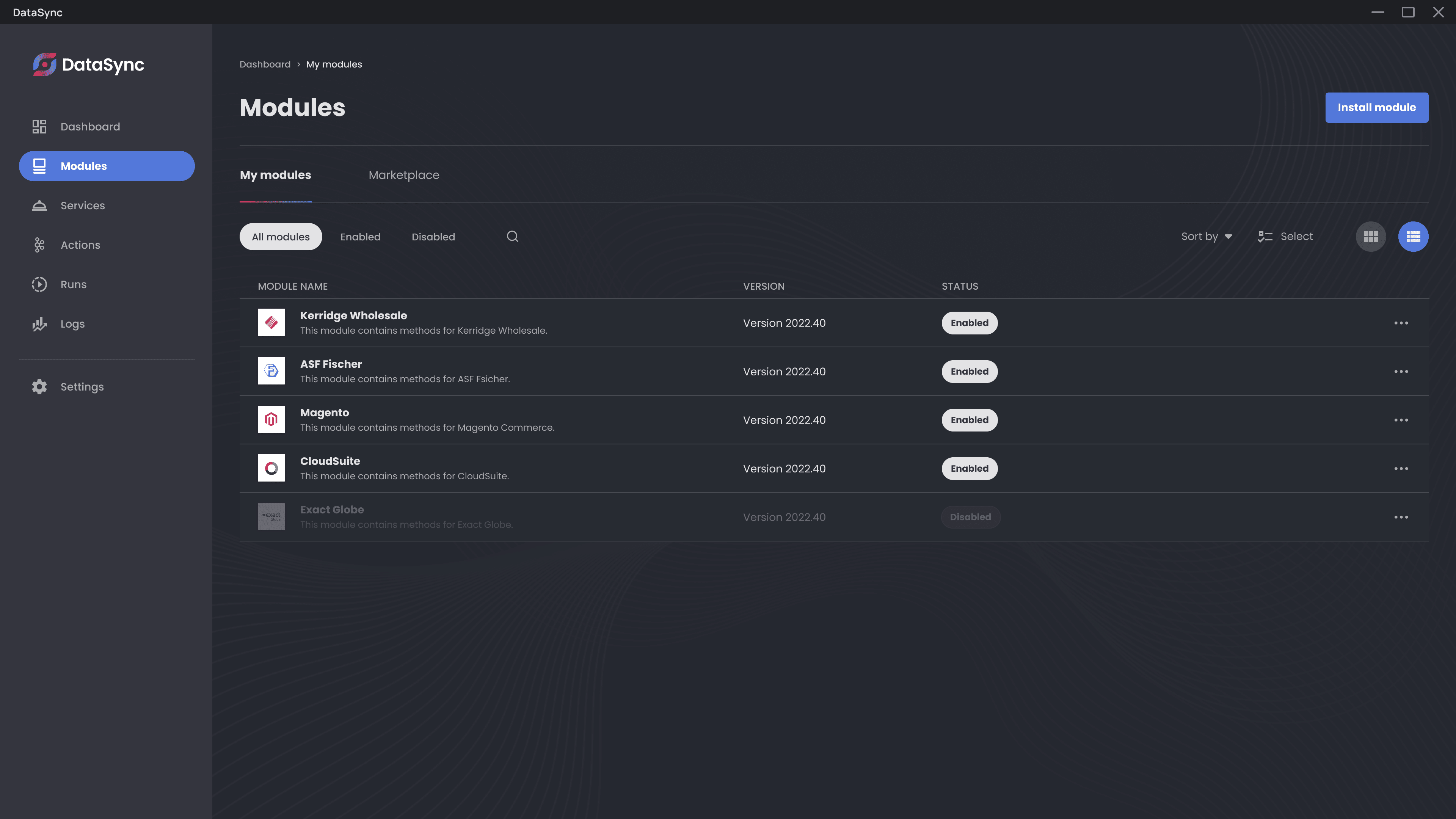 DataSync Modules Screen