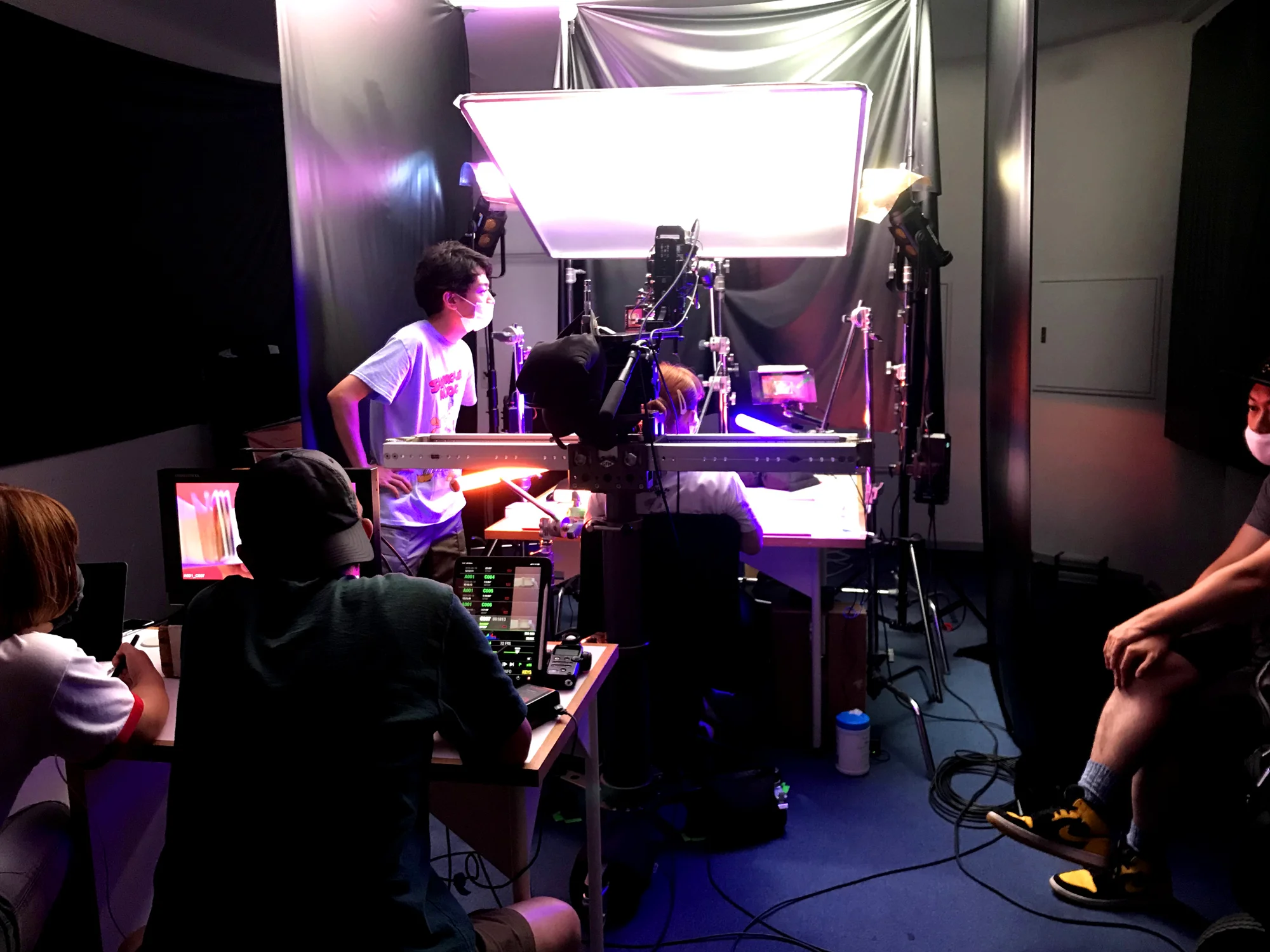 Behind-the-scenes photo from Bridgestone Chase Your Dream showing a studio animation setup with cameras, lights and production crew.