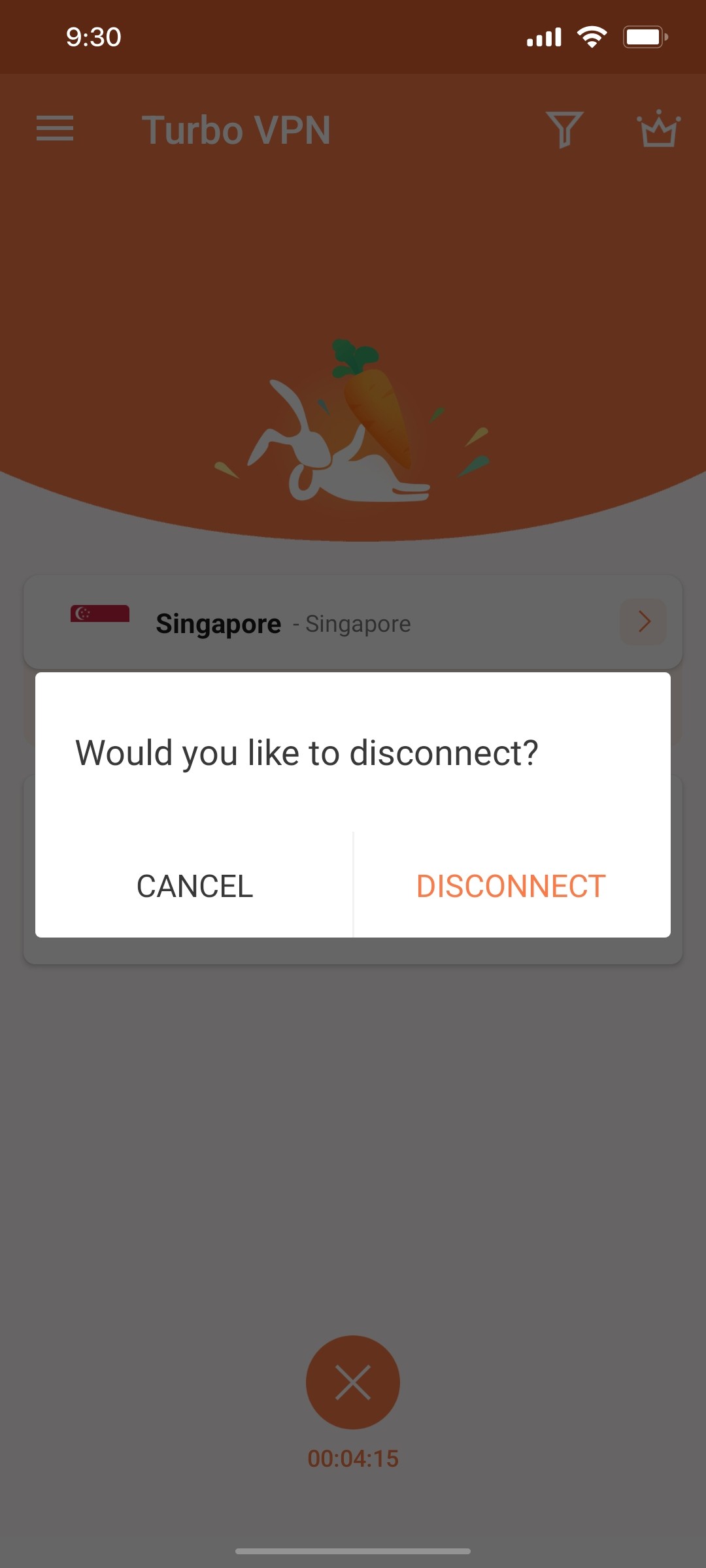 Turbo vpn Disconect Modal screen