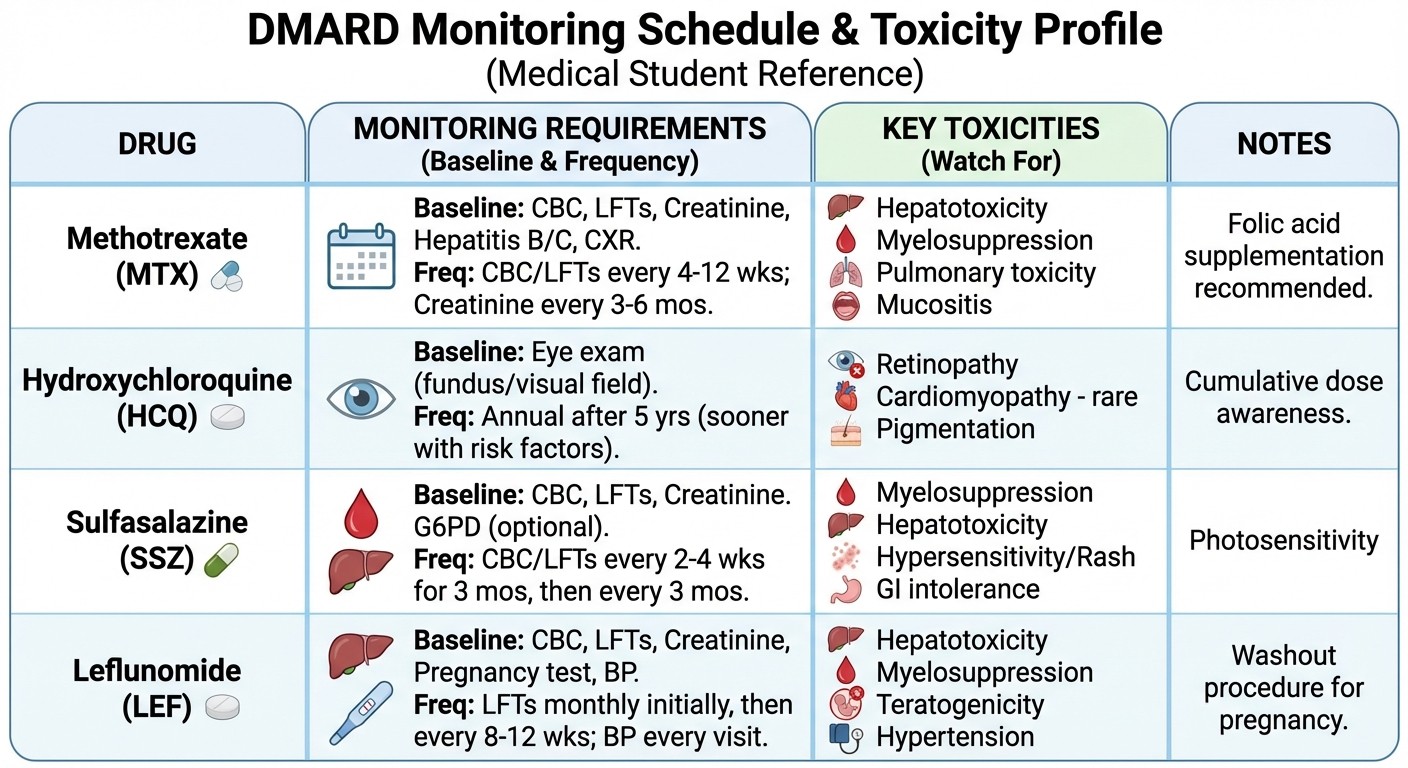 DMARD monitoring schedule and toxicity profile for INICET preparation