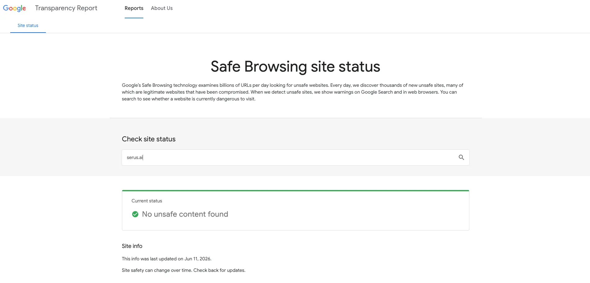 Screenshot of safe browsing site status of serus.ai