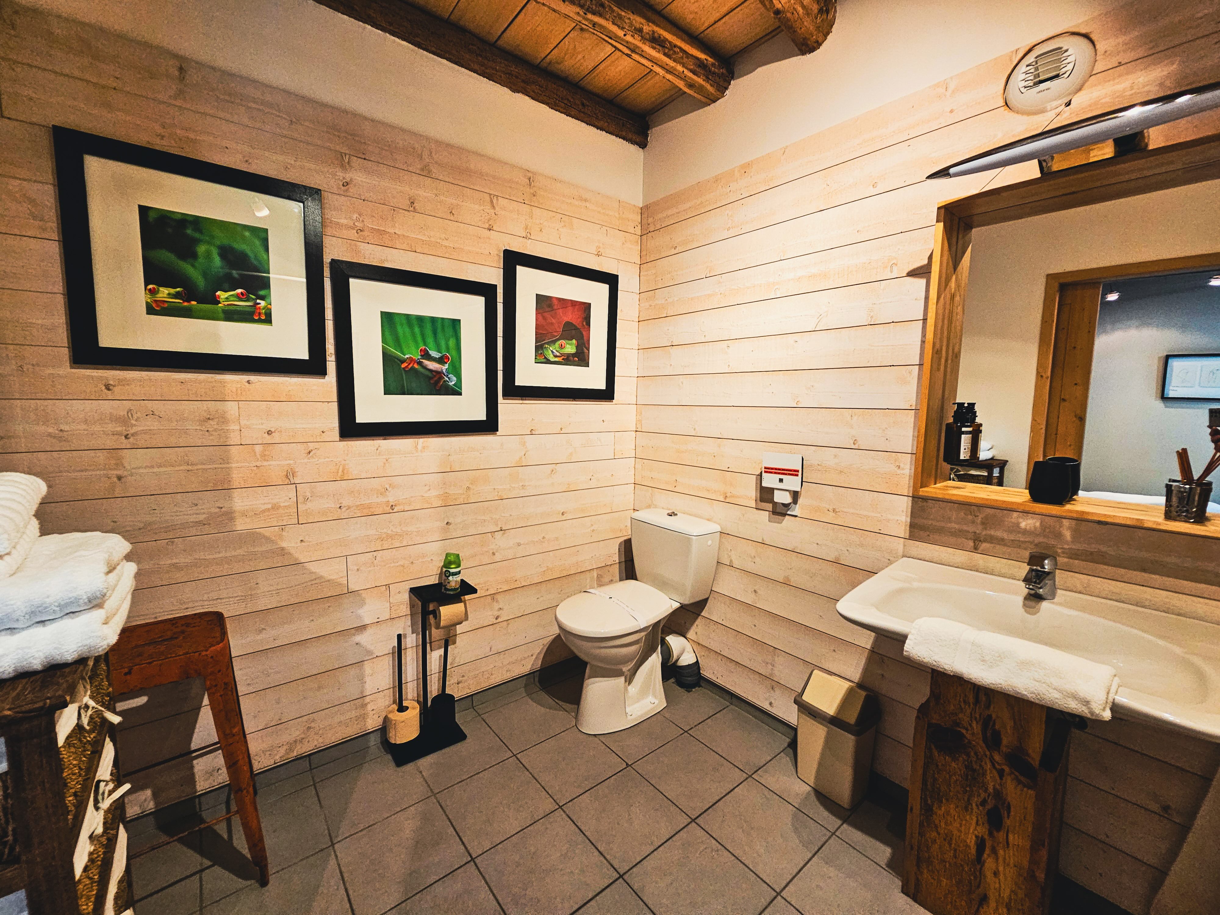 Salle de bain avec murs en bois, photos de grenouilles.