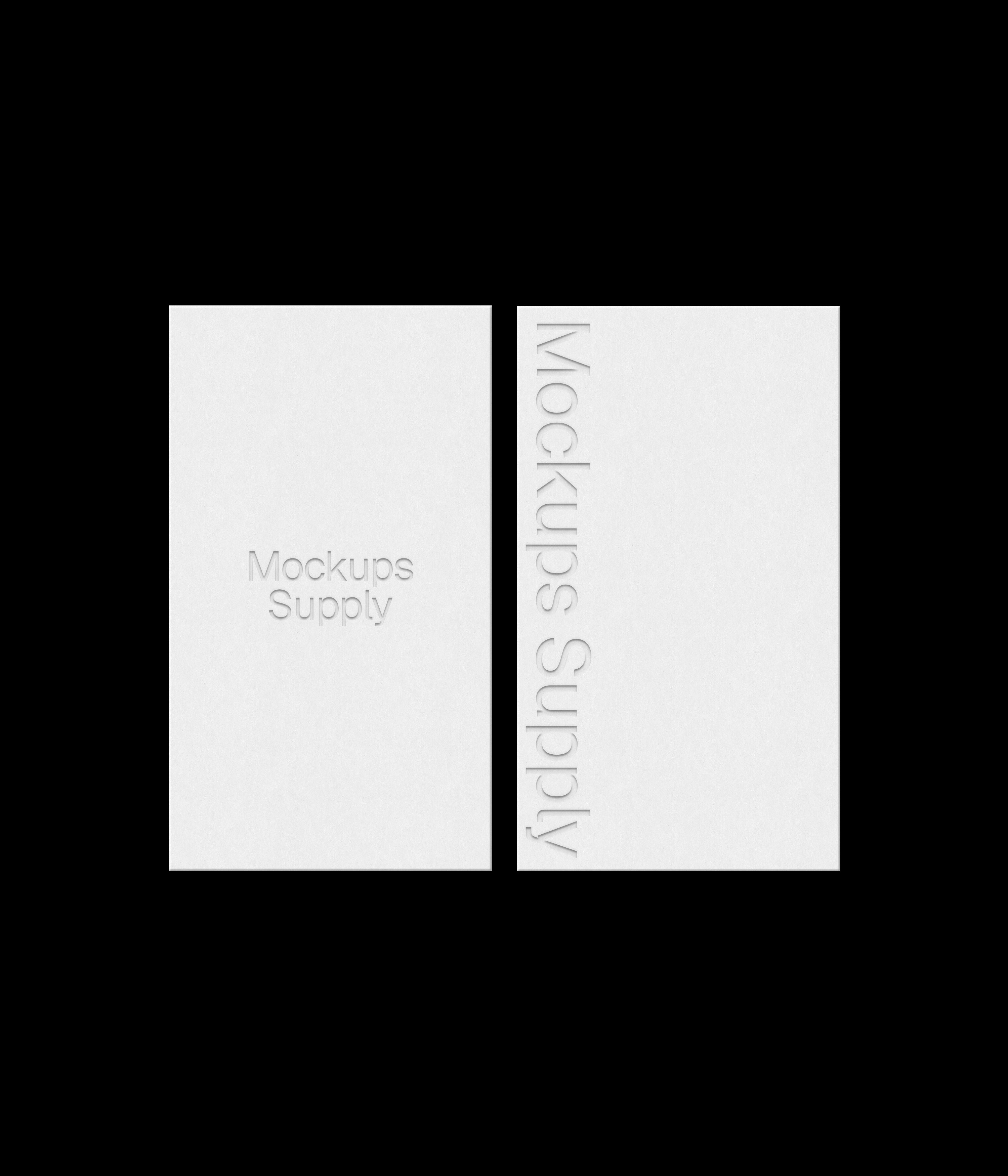 2 US Canada business card mockup portrait for Photoshop with debossed text effect, white cards on black background, minimal branding and stationery presentation