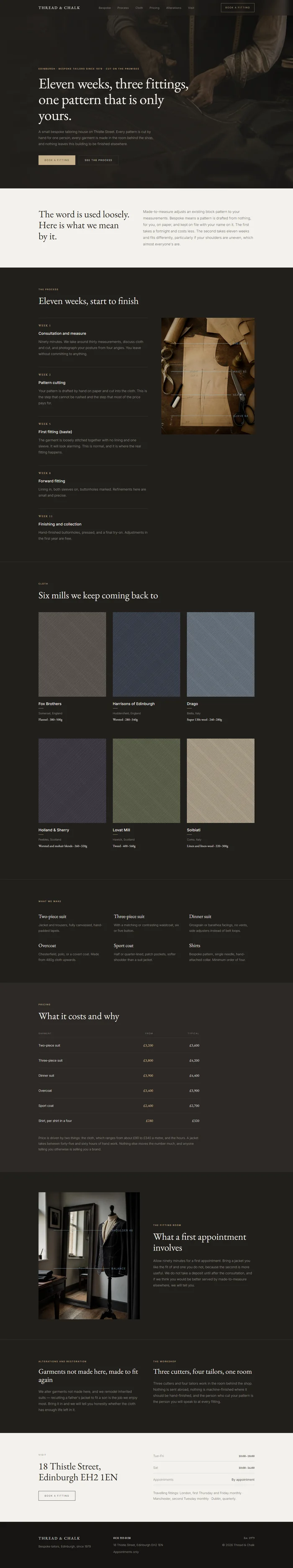 Full bespoke tailor website design: workshop hero, eleven-week process, cloth mills, pricing, fittings