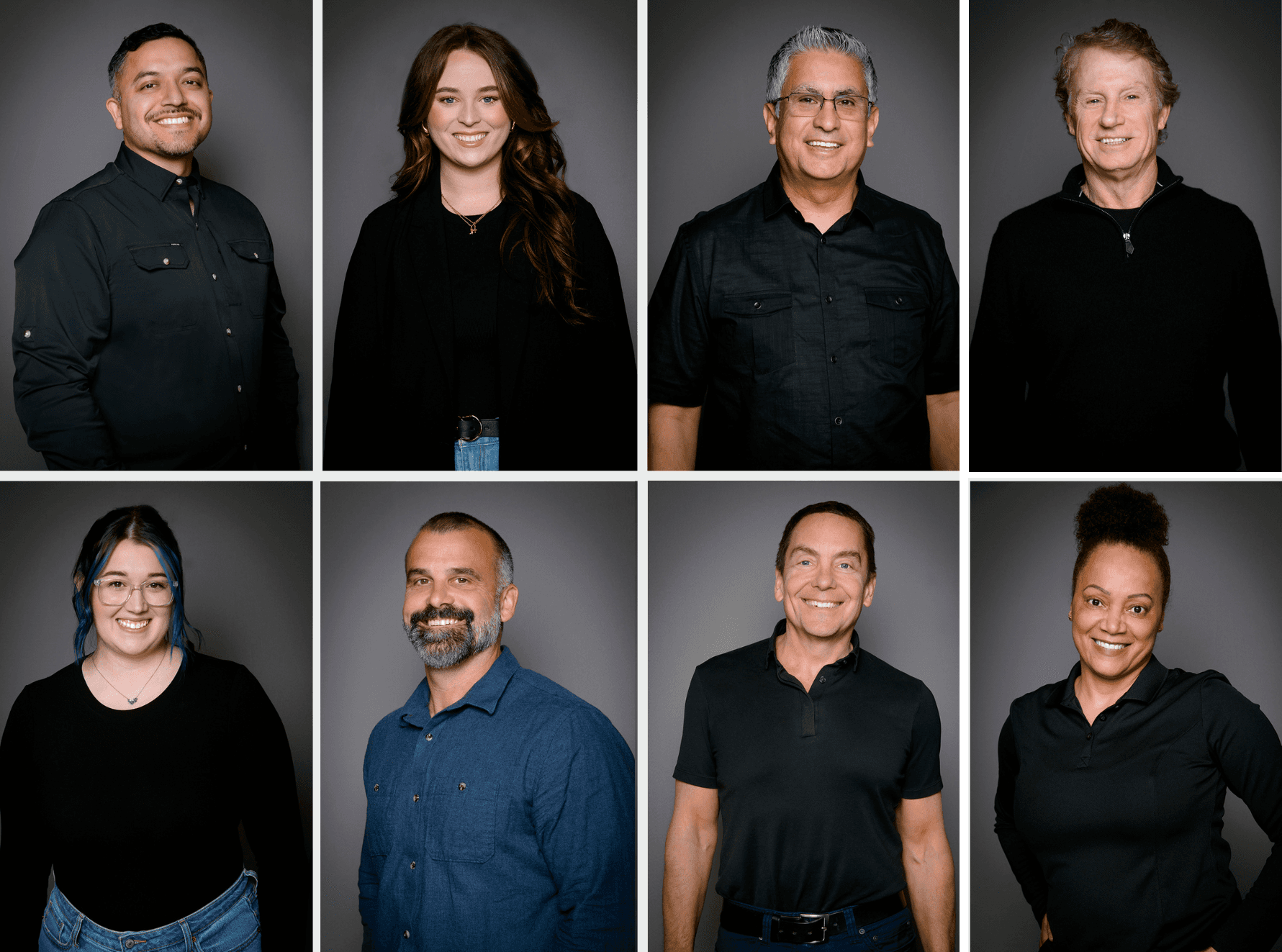 Team headshots on gray backdrop business casual mix of men and women