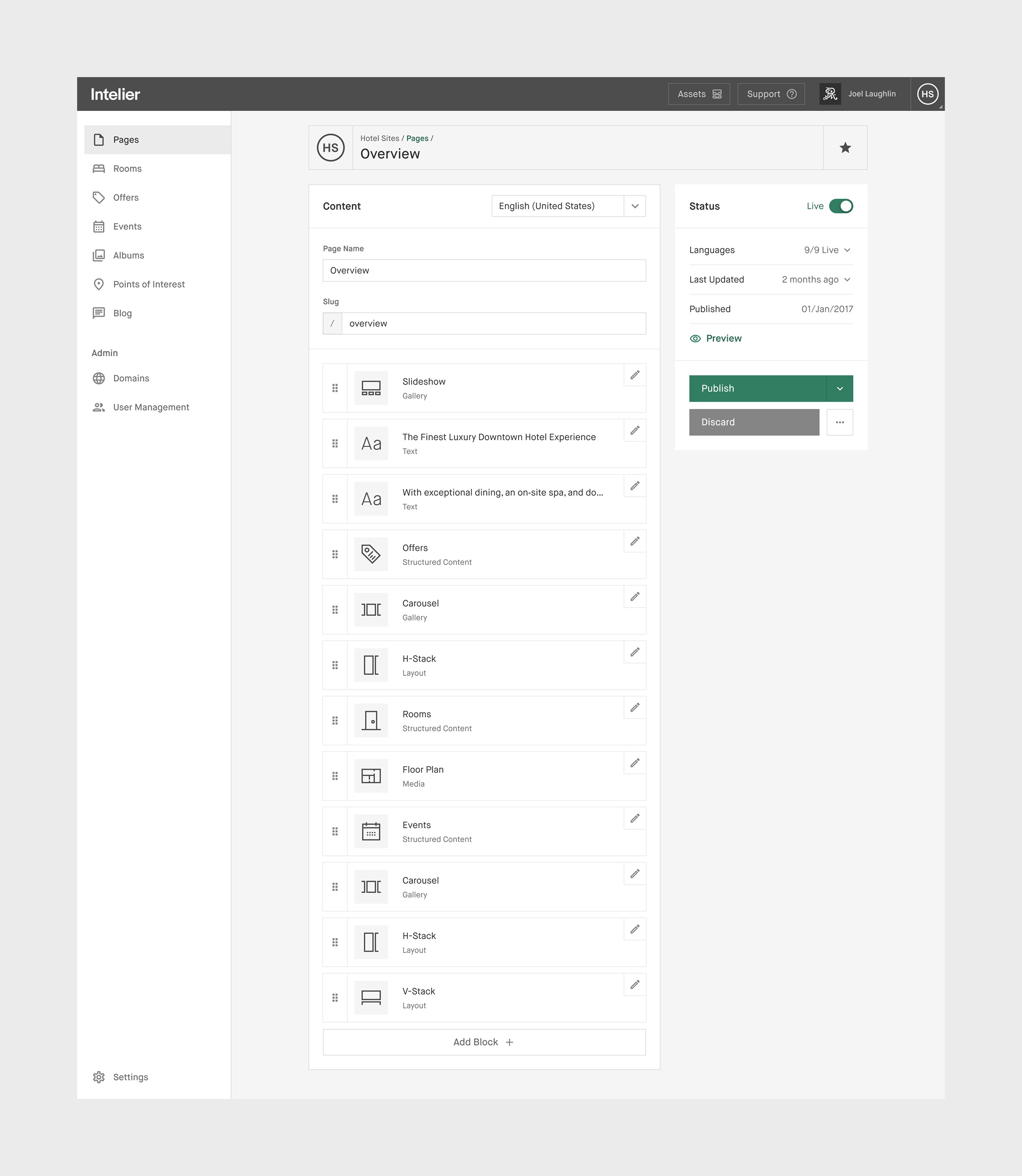 Intelier CMS - Hotel Sites - Pages - Overview page