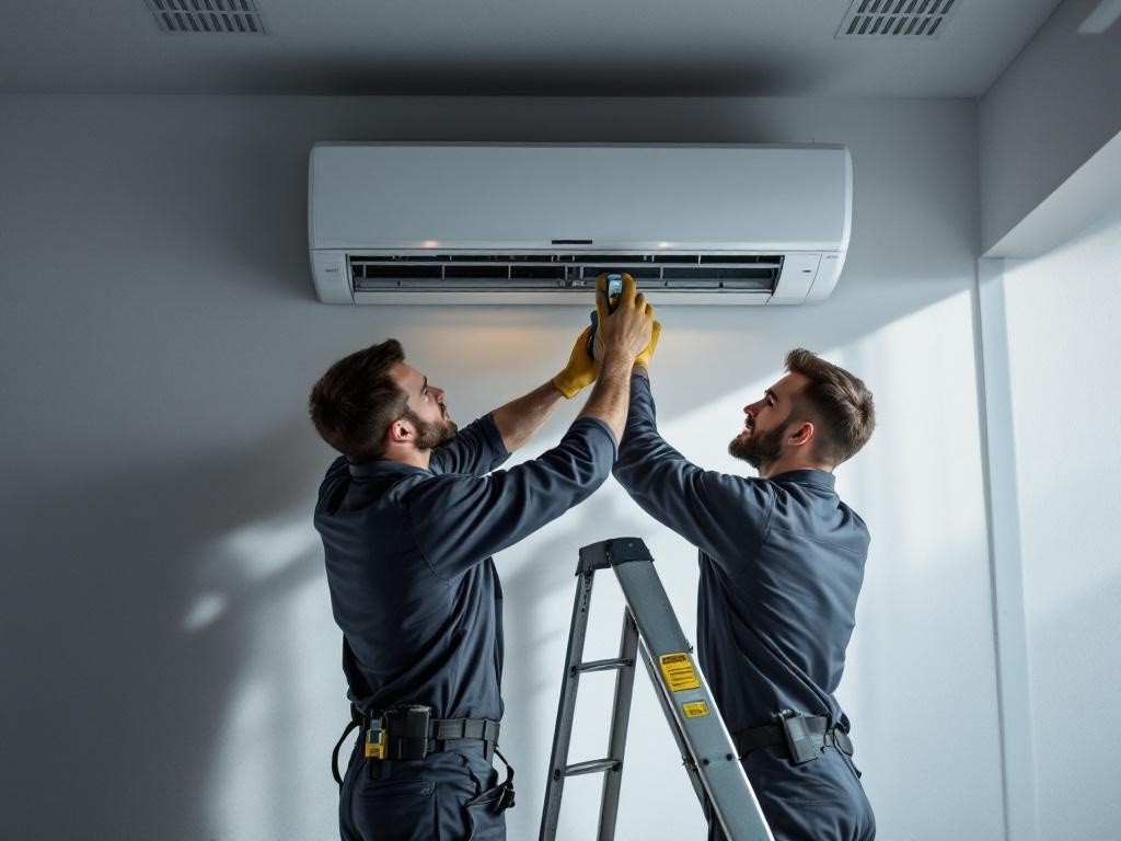 Two technicians are working on an air conditioner unit that is mounted on a wall.
