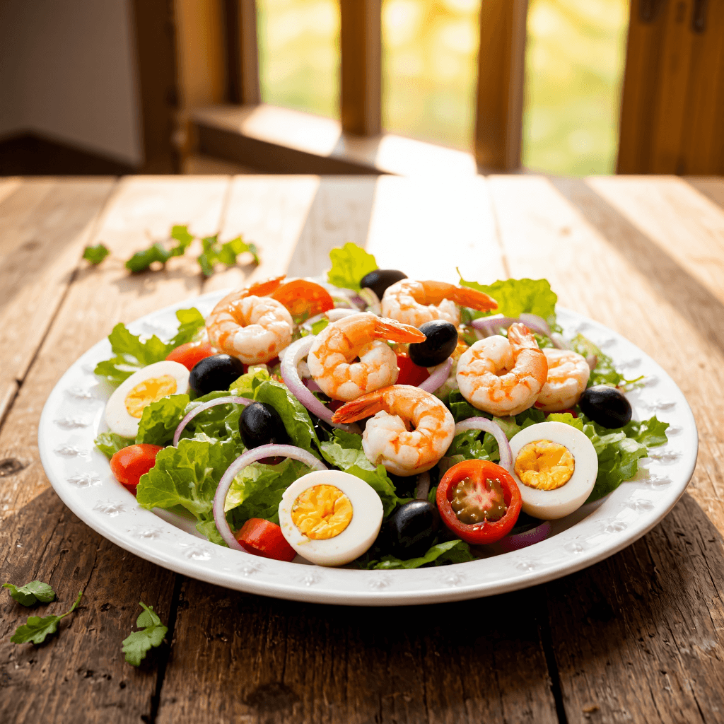 product photography of a plate of shrimp salad with vegetables and eggs