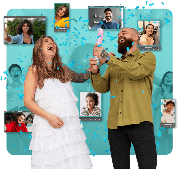 Casal feliz realizando a revelação do sexo do seu bebê com os seus amigos e familiares