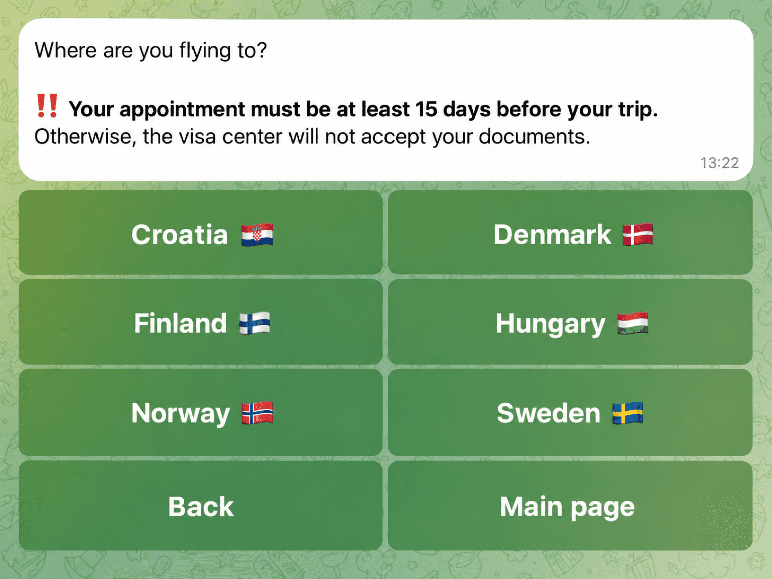 Step 1: choose the auto-booking destination (Croatia, Denmark, Finland, Hungary, Norway or Sweden), centre and dates in the Visard Telegram bot