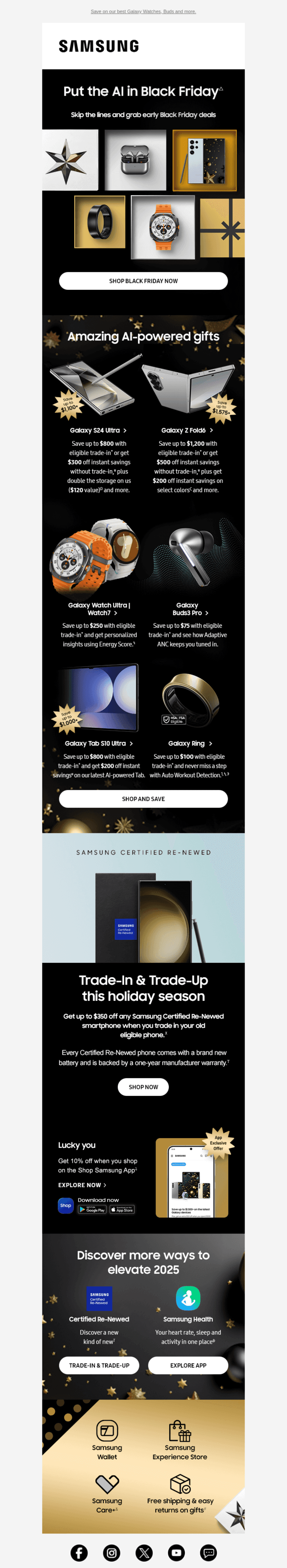 "Samsung Black Friday email featuring discounts on Galaxy Z Fold6, Galaxy Watch Ultra, and more, with a focus on AI-powered gifts, trade-in offers, and early deals."