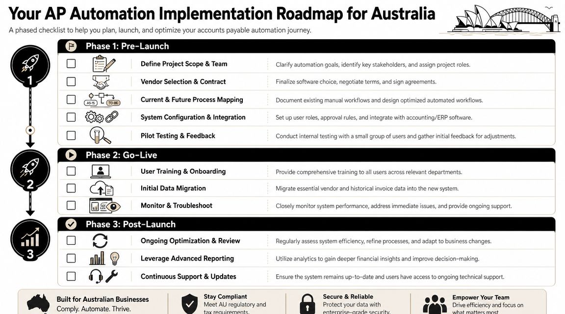 A phased implementation roadmap checklist for automating accounts payable processes within businesses located in Australia.