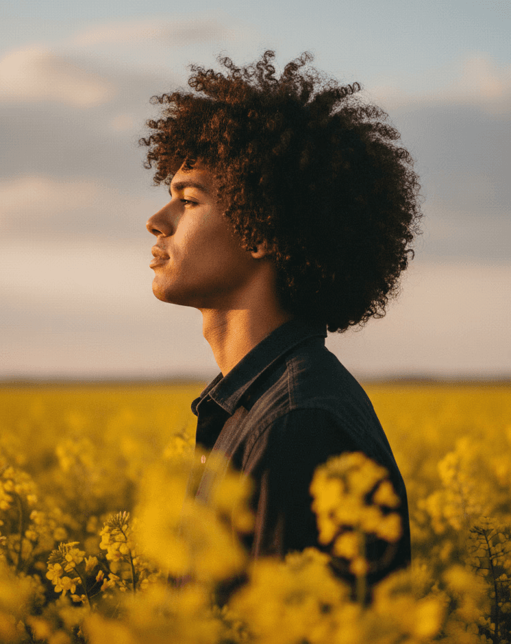 A man with curly hair smiling in a field of yellow flowers at sunset.