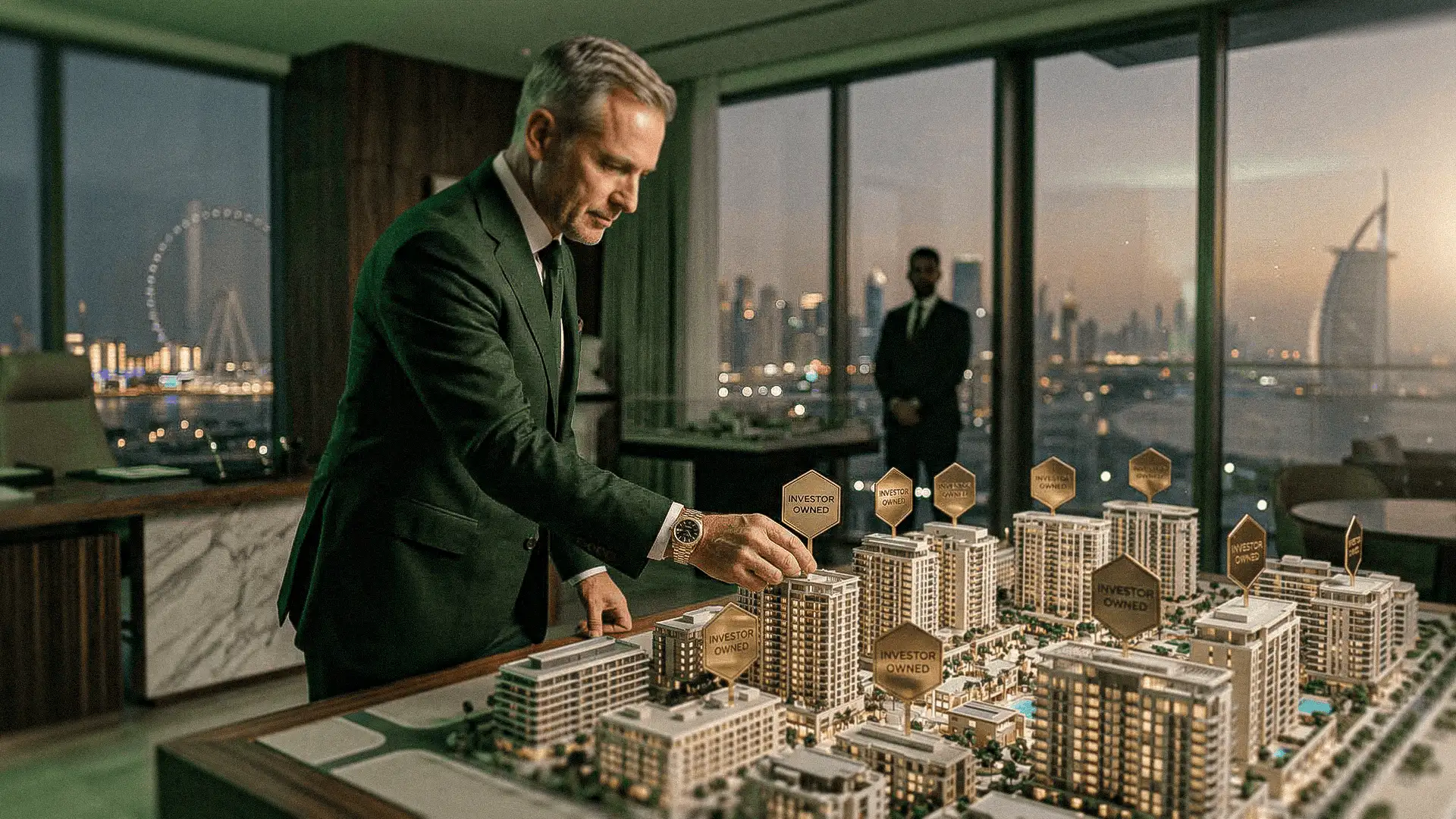 Inversor analiza proyecto residencial en maqueta de desarrollo urbano.