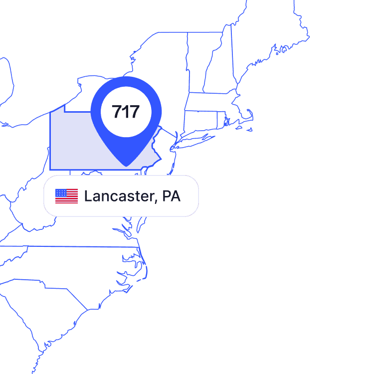 US map of 717 area code phone numbers and its coverage region
