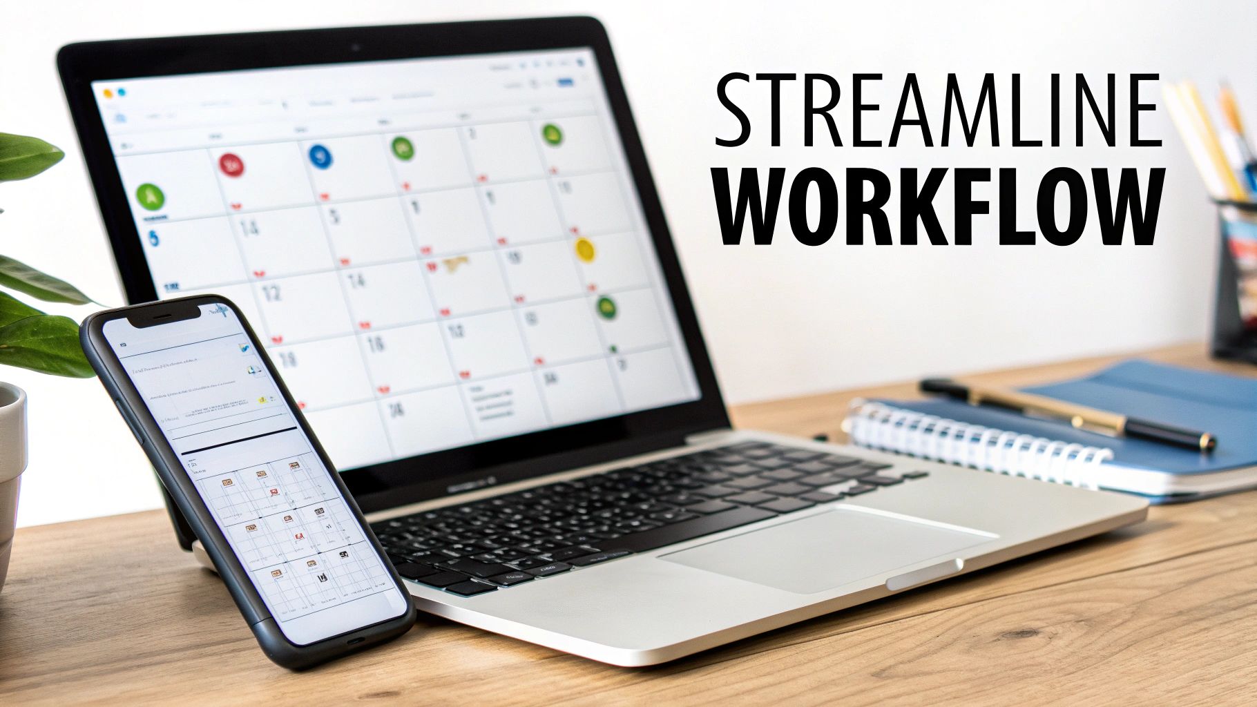 A laptop displaying a calendar app and a smartphone on a wooden desk, streamlining workflow.