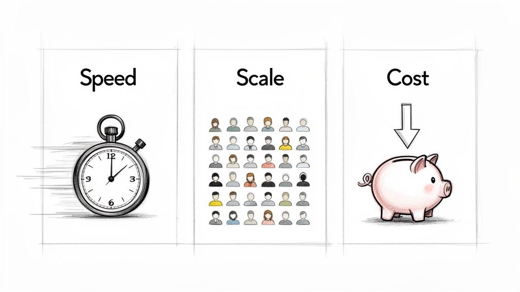 Infographic showing speed, scale, and cost using a stopwatch, people icons, and a piggy bank.