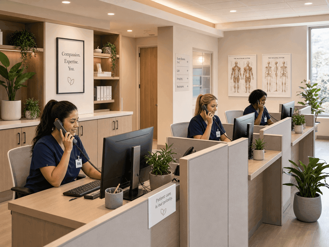 three nurses on phonec calls answering patient questions