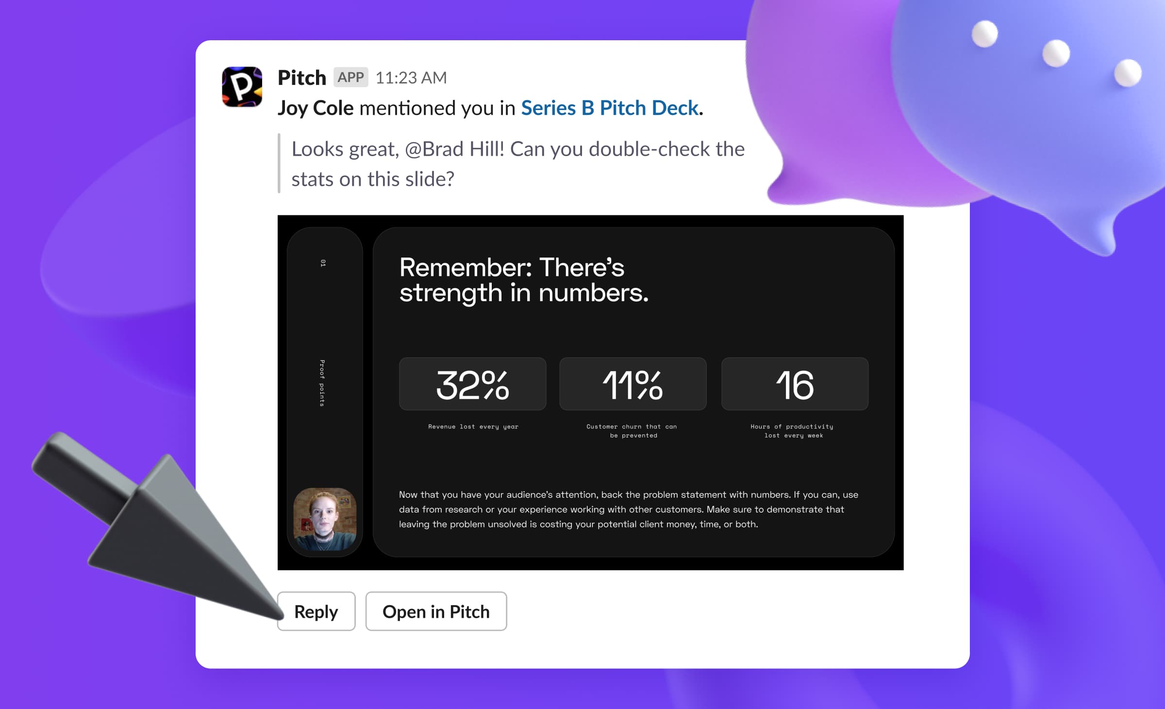 A Slack notification of a Pitch comment with the Reply option.