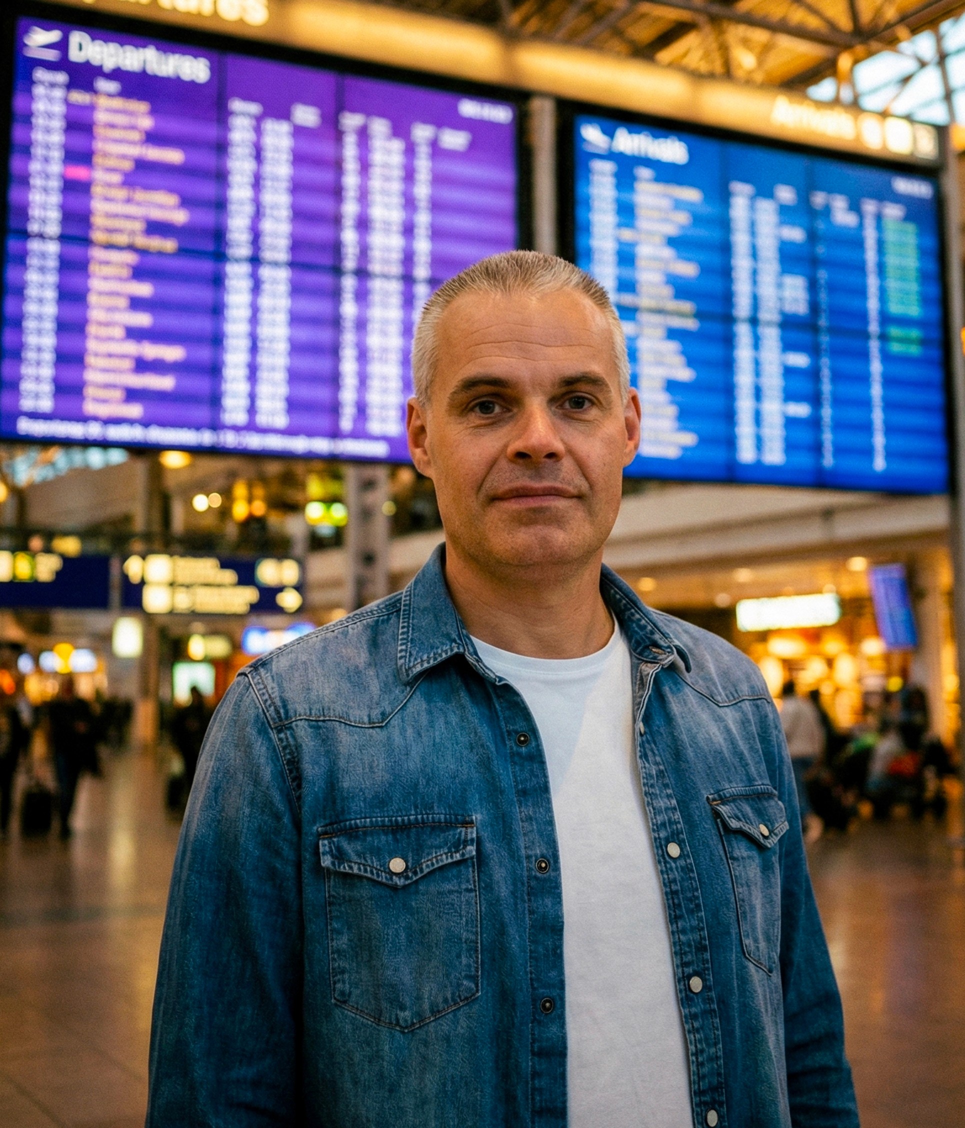 Ein Mann mit grauen Haaren und einer schwarzen Weste steht nachts vor einem Gebäude. Auf seinem Namensschild steht „Tobias“.