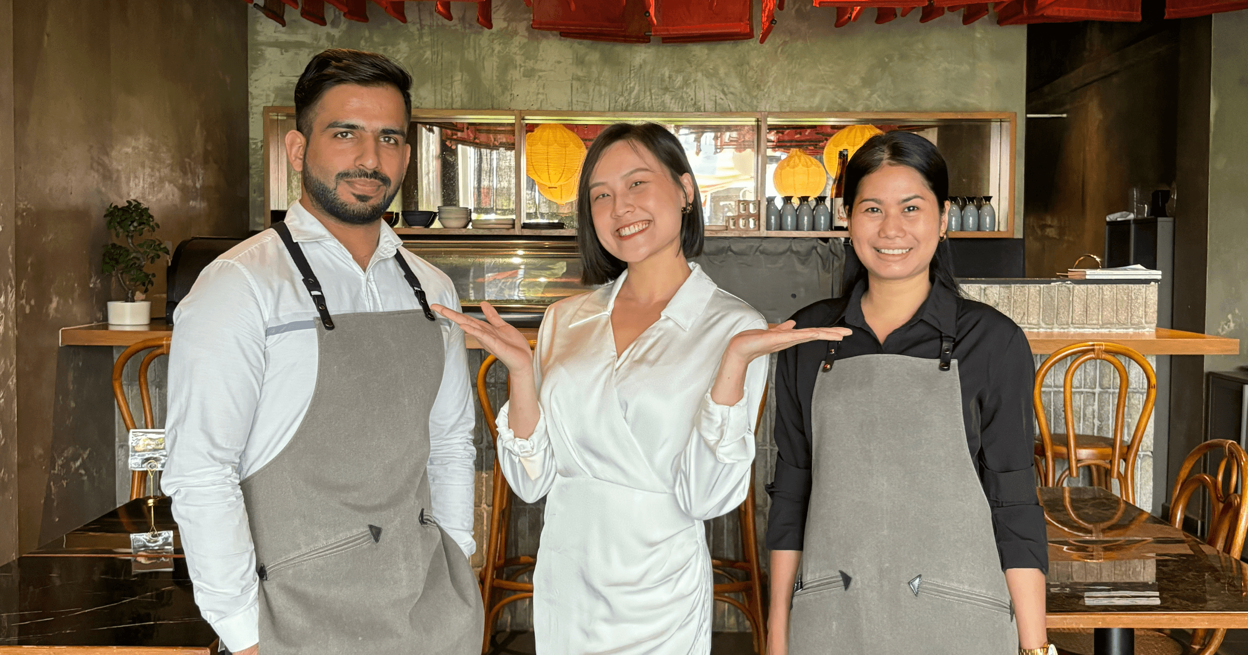 Sukee and her staff posing inside Kyudon restaurant in Johor Bahru