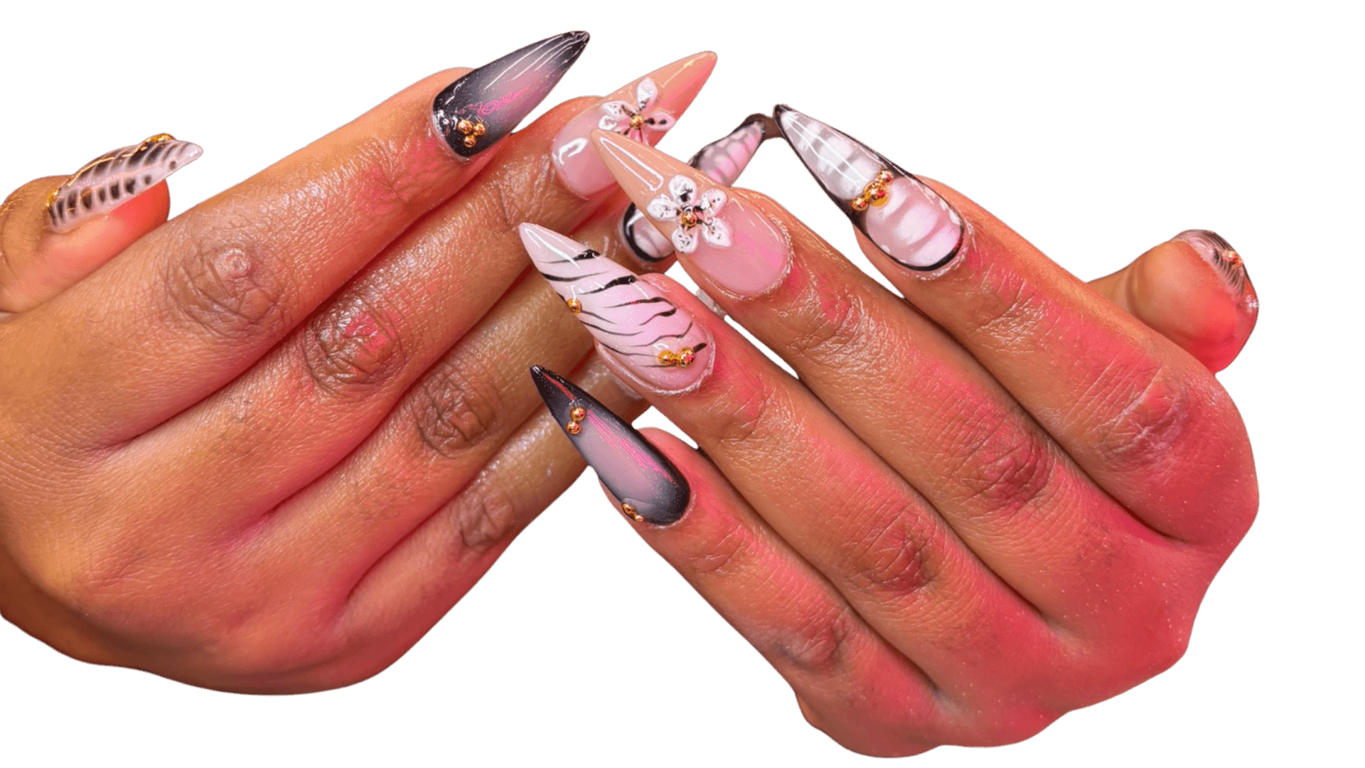 Long stiletto nails featuring a mix of grey-to-black gradients, hand-painted white 3D flowers with gold centers, and delicate black-and-white grid patterns.