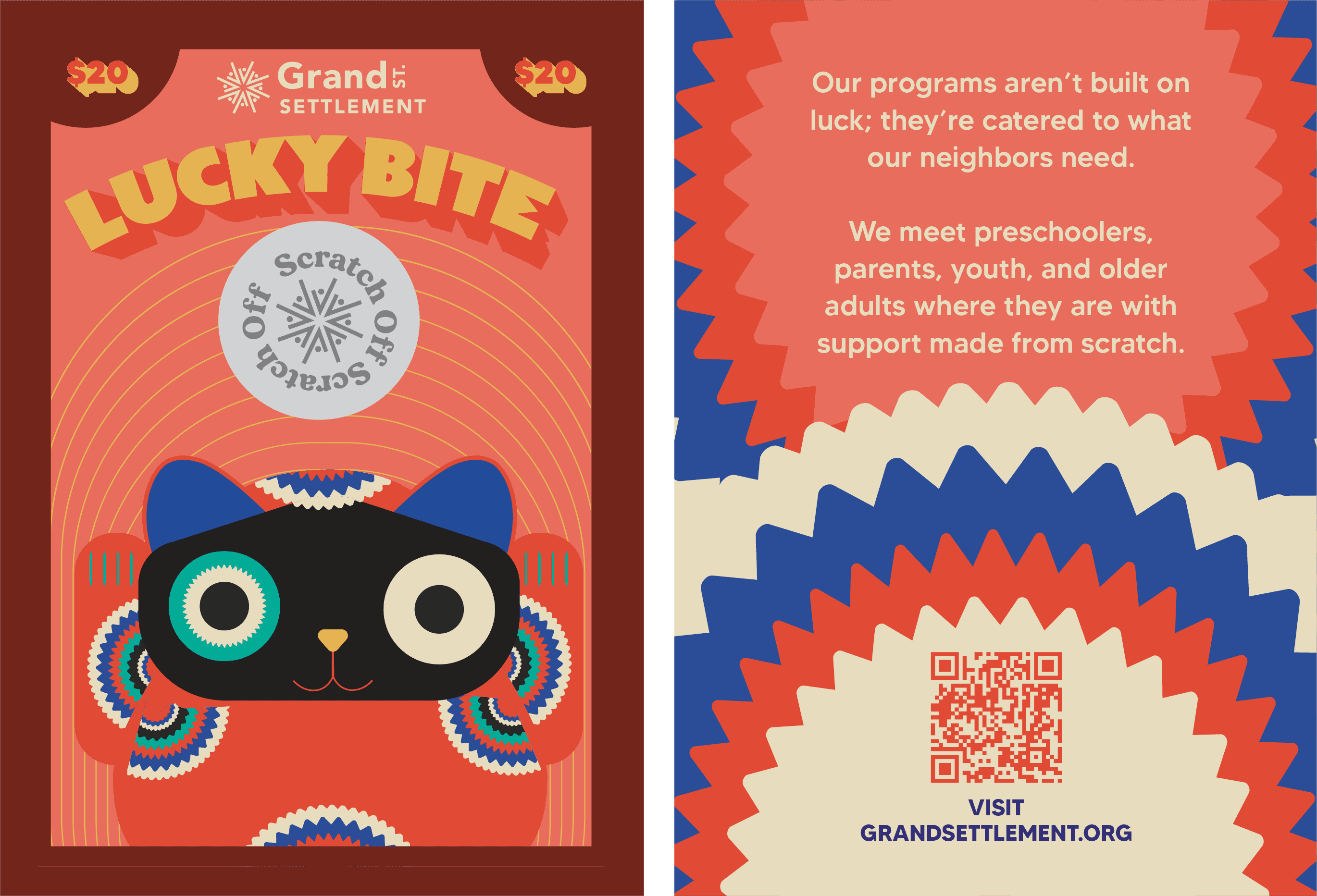 A whimsically designed scratch-off lottery ticket with a lucky cat, selling for $20. Grand Street’s programming is promoted on the back. 